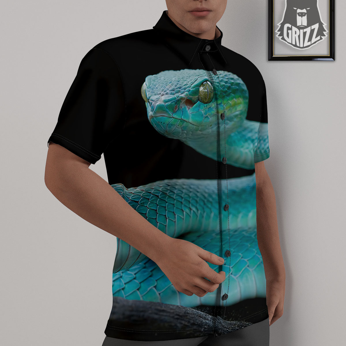 Snake Turquoise Print Untucked Shirts-grizzshop