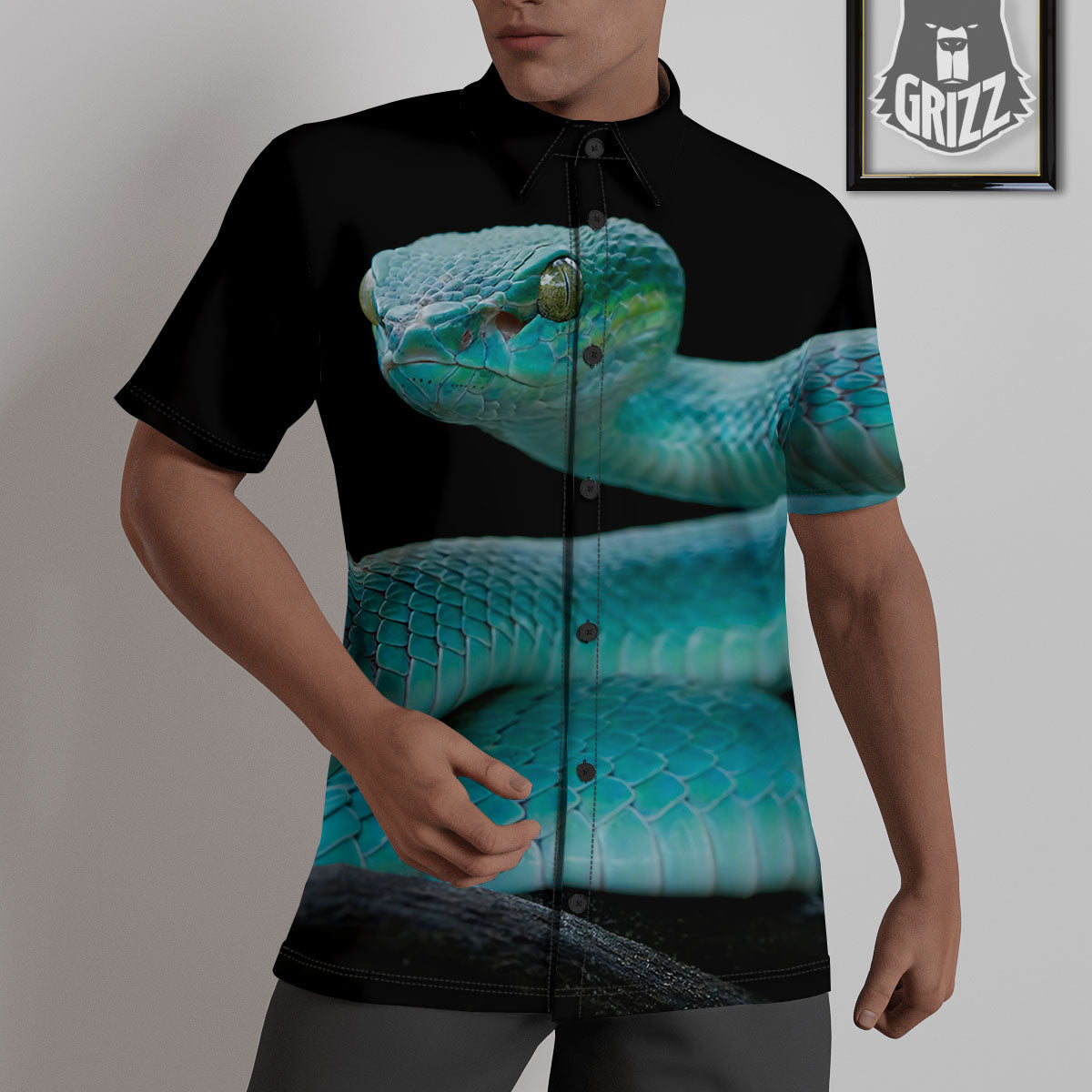 Snake Turquoise Print Untucked Shirts-grizzshop
