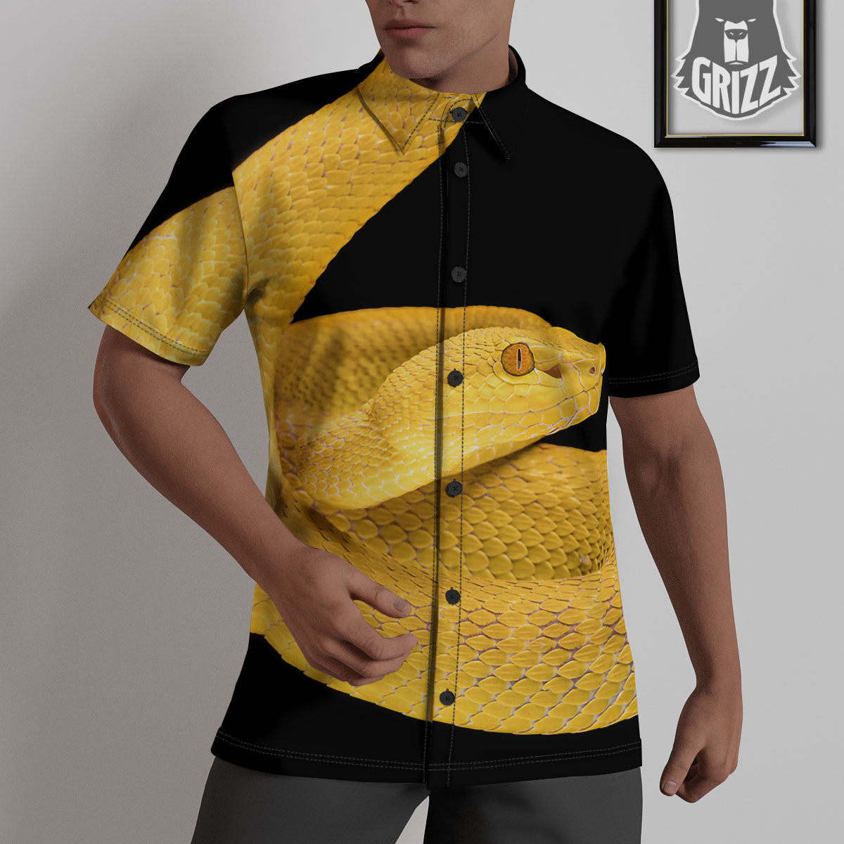 Snake Yellow Print Untucked Shirts-grizzshop