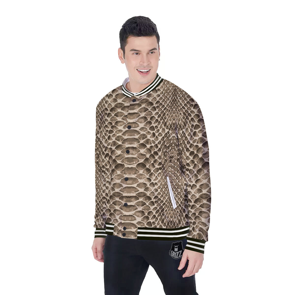Snakeskin Beige Print Baseball Jacket-grizzshop
