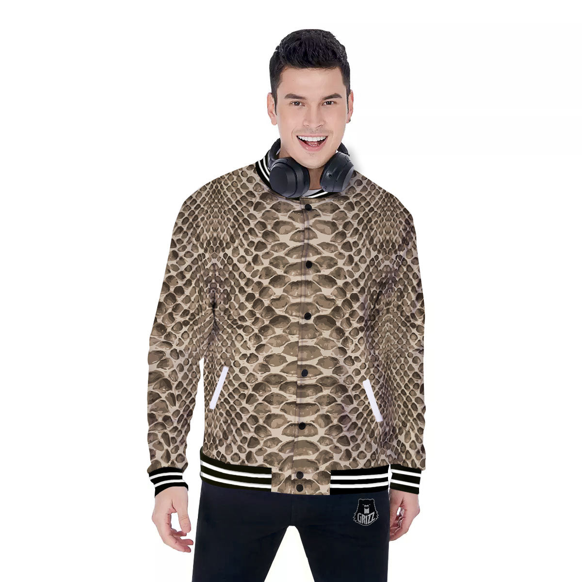 Snakeskin Beige Print Baseball Jacket-grizzshop