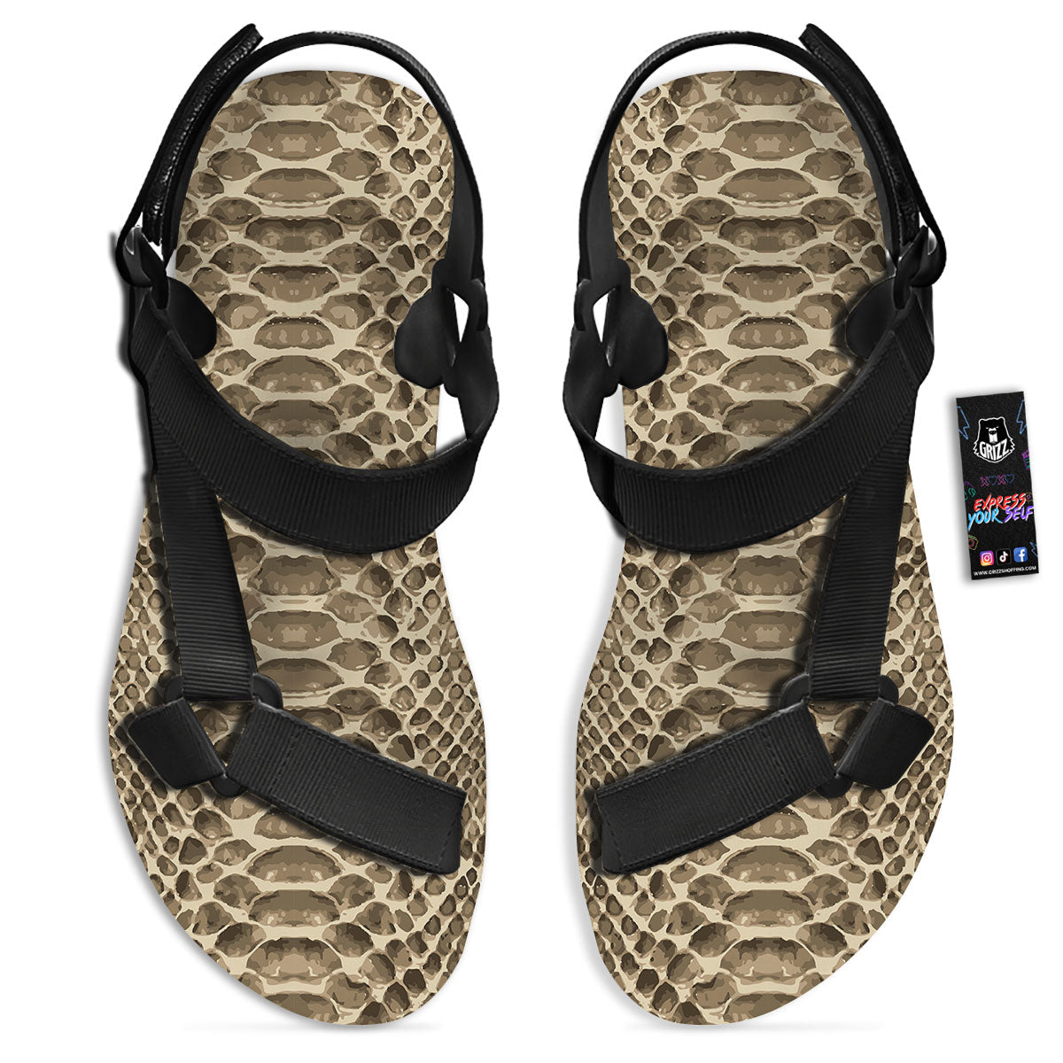 Snakeskin Beige Print Black Open Toe Sandals-grizzshop