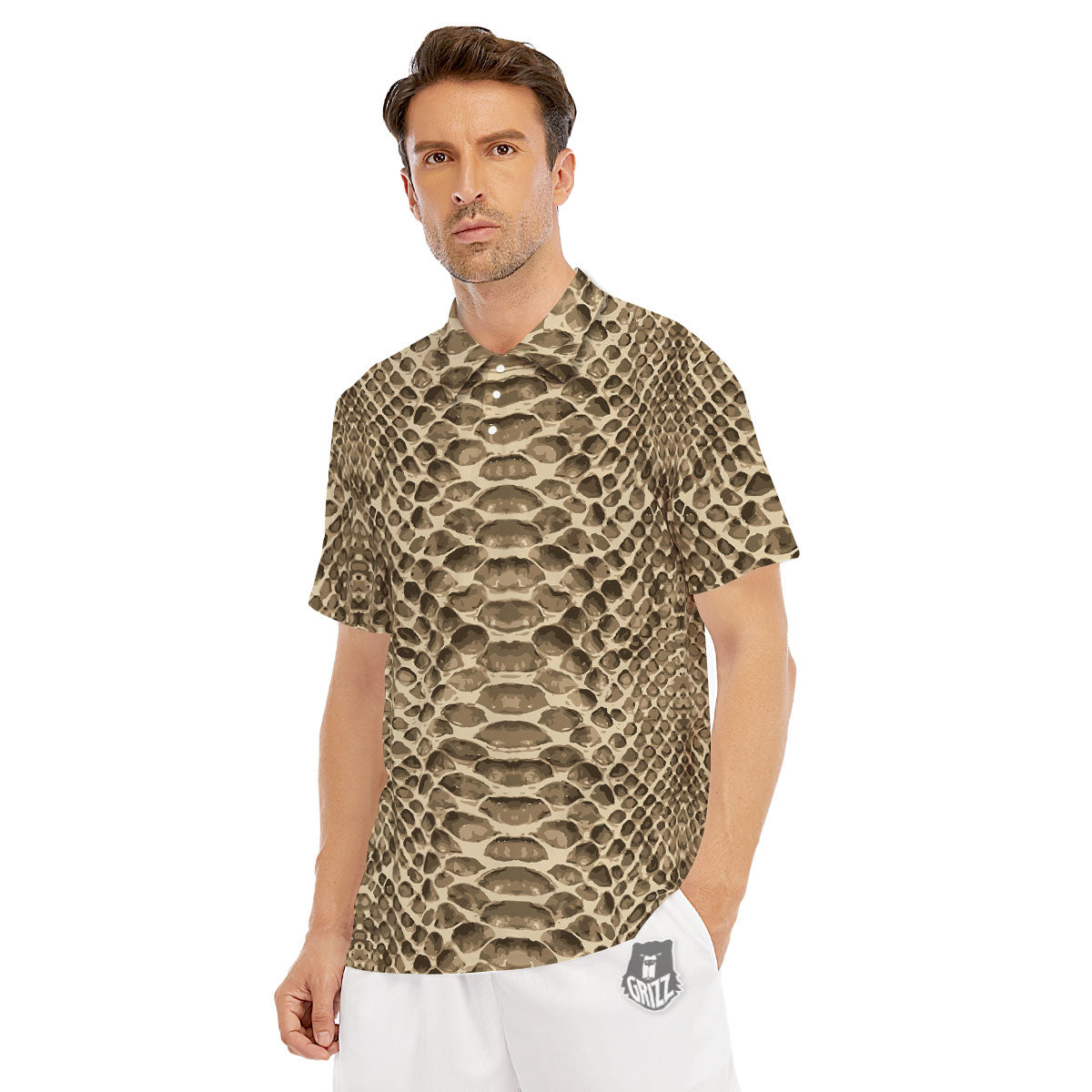 Snakeskin Beige Print Men's Golf Shirts-grizzshop