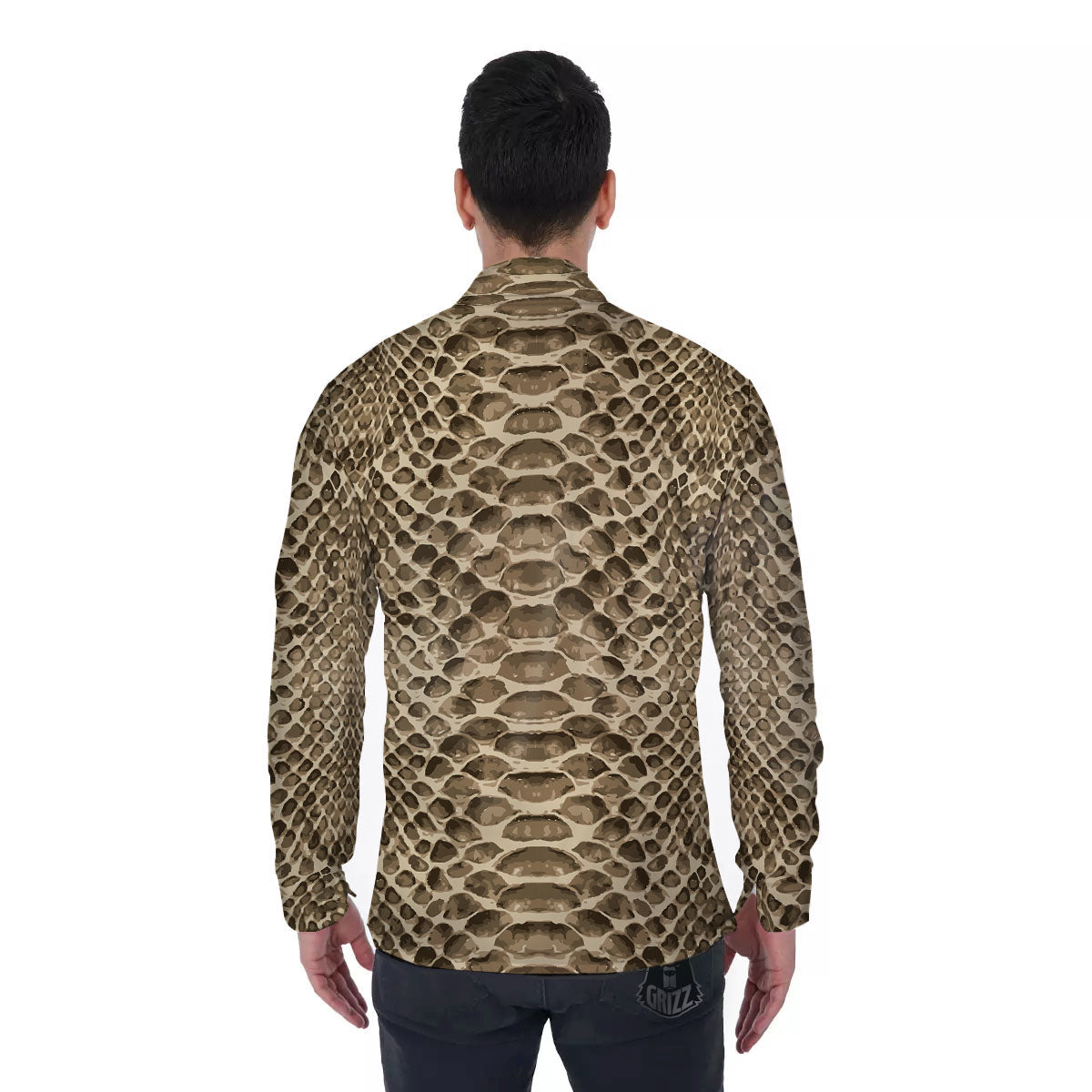 Snakeskin Beige Print Men's Long Sleeve Shirts-grizzshop