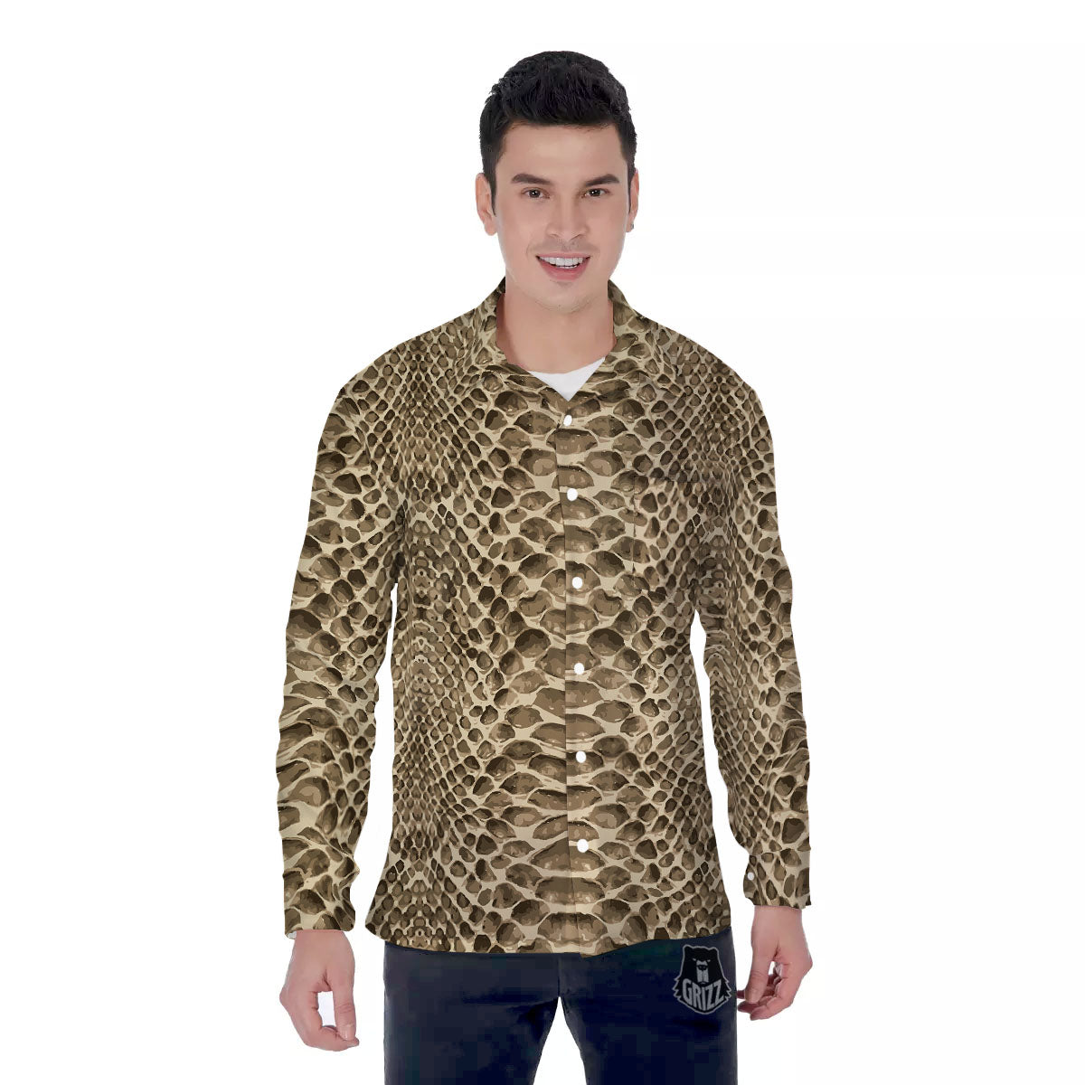 Snakeskin Beige Print Men's Long Sleeve Shirts-grizzshop
