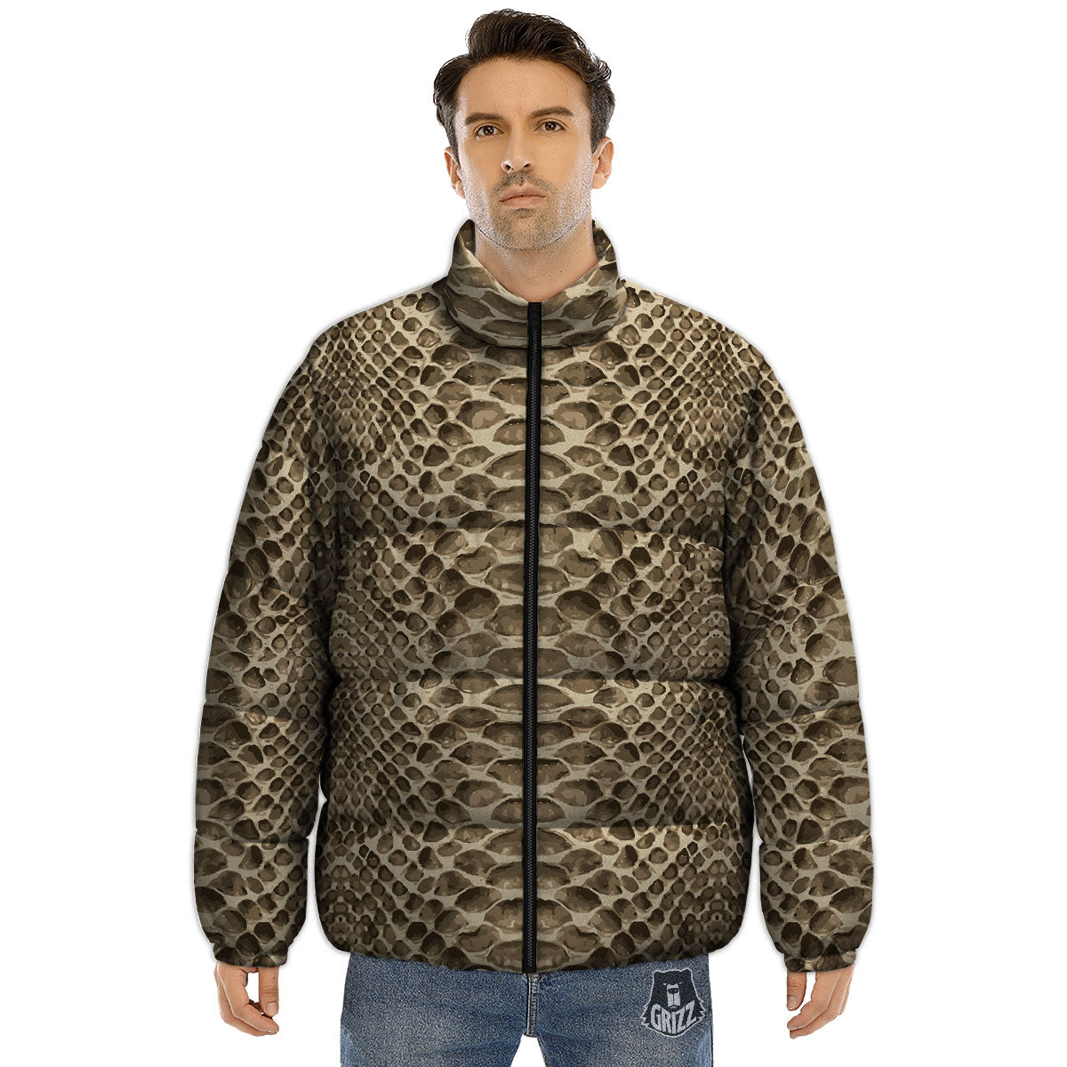 Snakeskin Beige Print Puffer Jacket-grizzshop