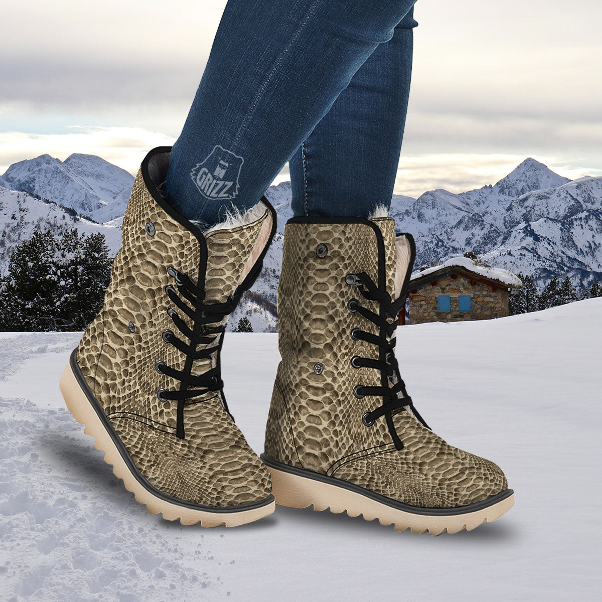 Snakeskin Beige Print Snow Boots-grizzshop
