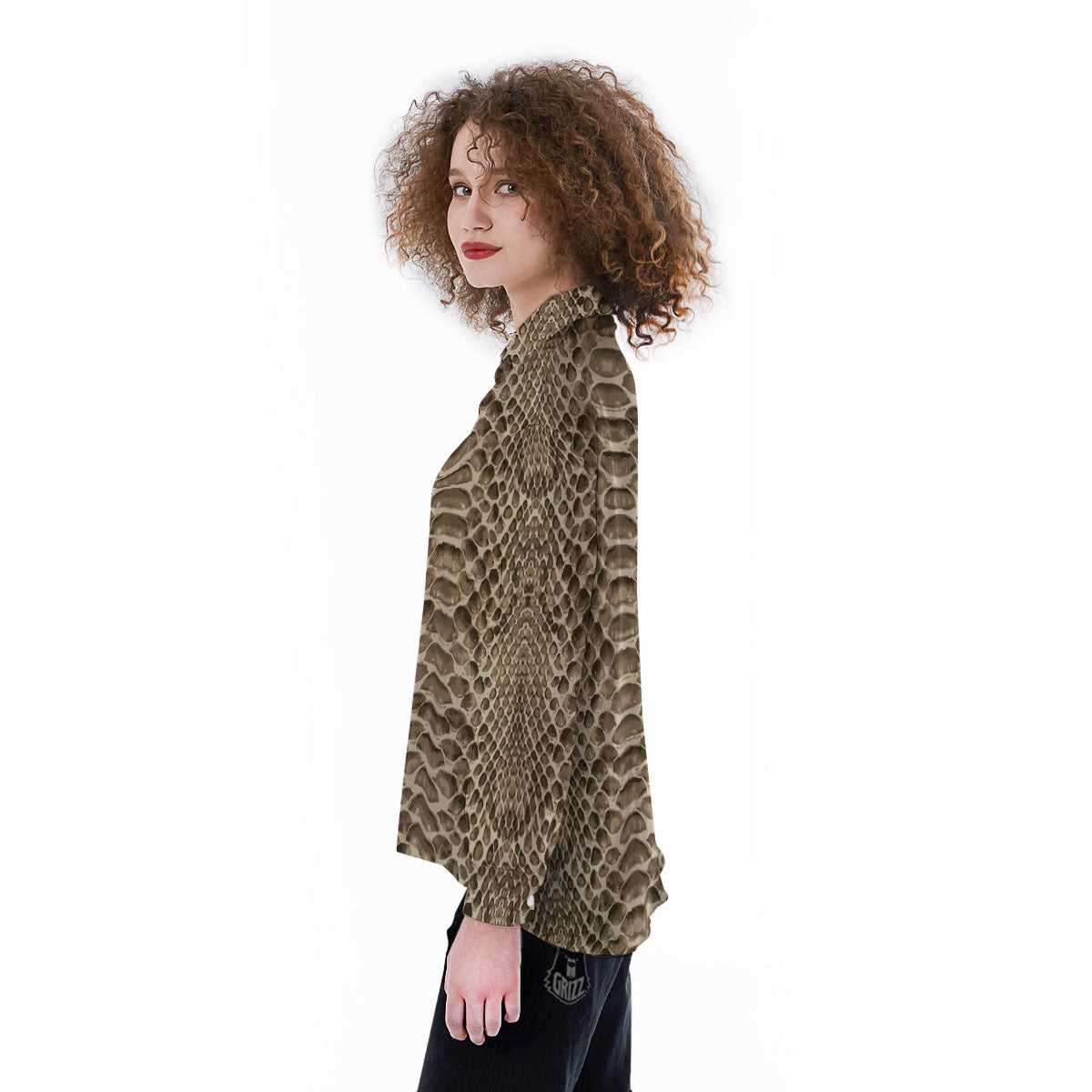 Snakeskin Beige Print Women's Long Sleeve Shirts-grizzshop