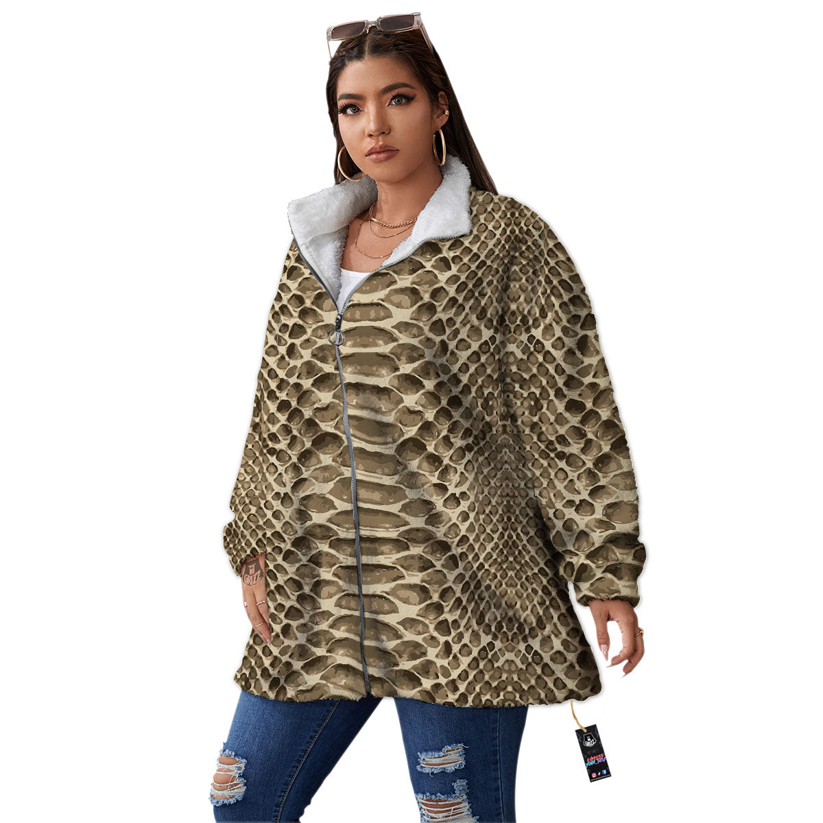 Snakeskin Beige Print Women's Sherpa Jacket-grizzshop