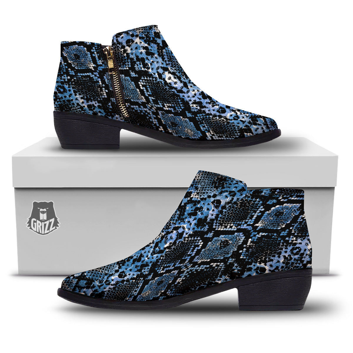 Snakeskin Black And Blue Print Ankle Boots-grizzshop