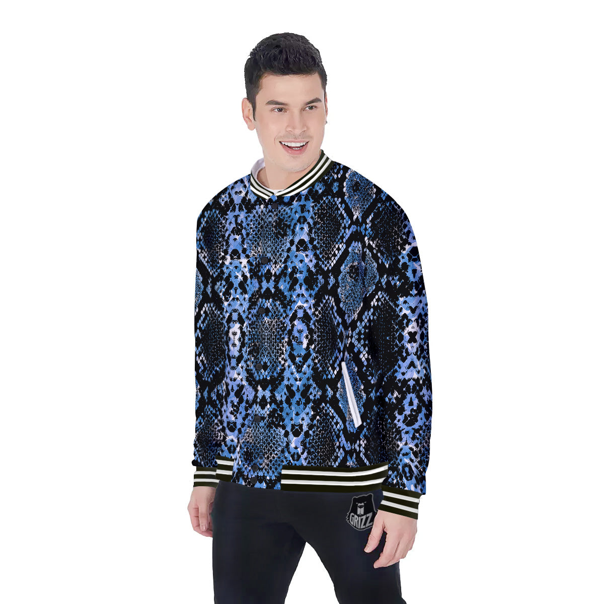 Snakeskin Black And Blue Print Baseball Jacket-grizzshop