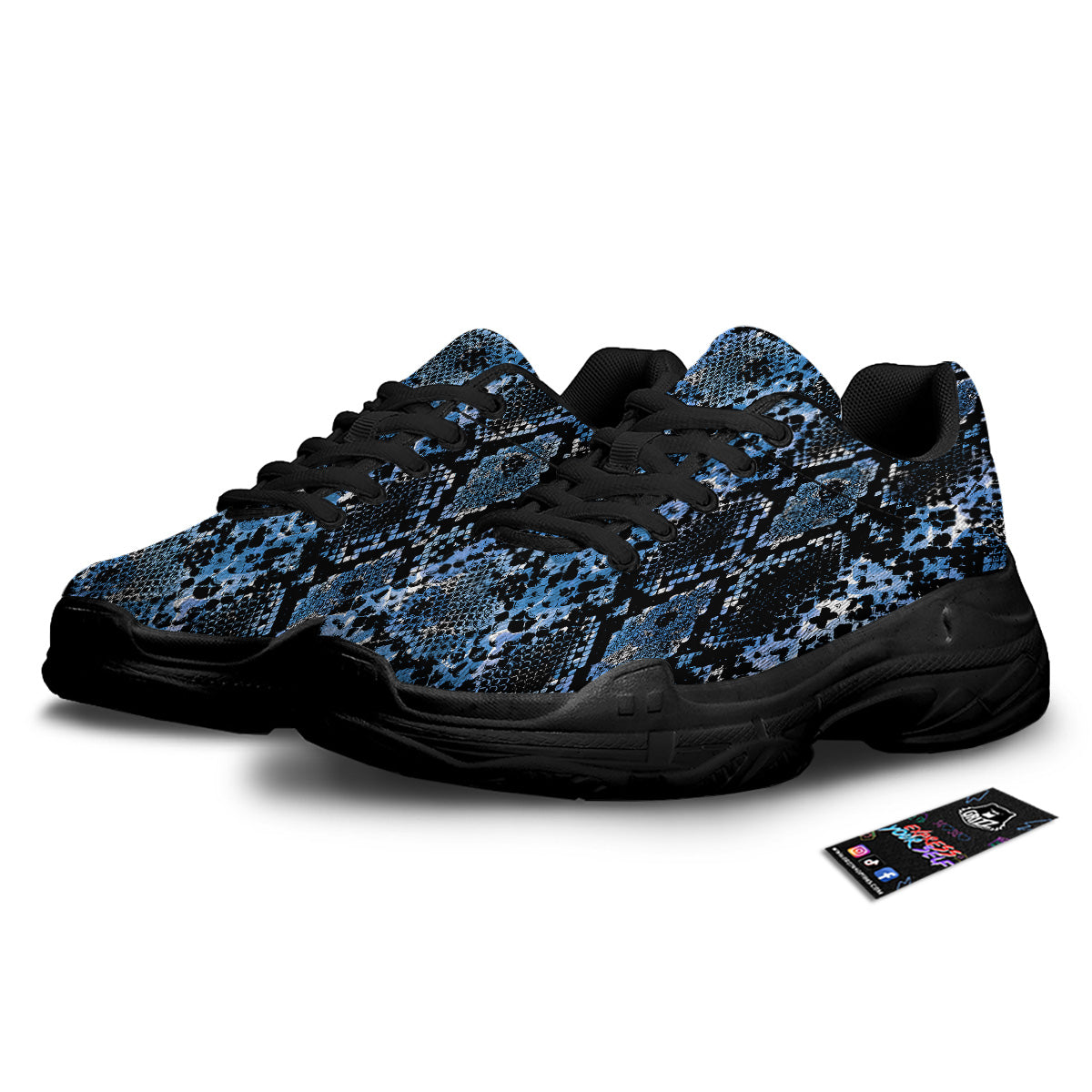 Snakeskin Black And Blue Print Black Chunky Shoes-grizzshop