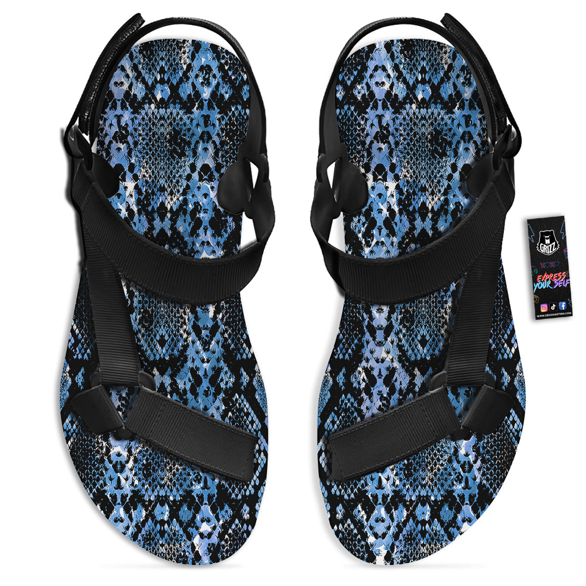 Snakeskin Black And Blue Print Black Open Toe Sandals-grizzshop