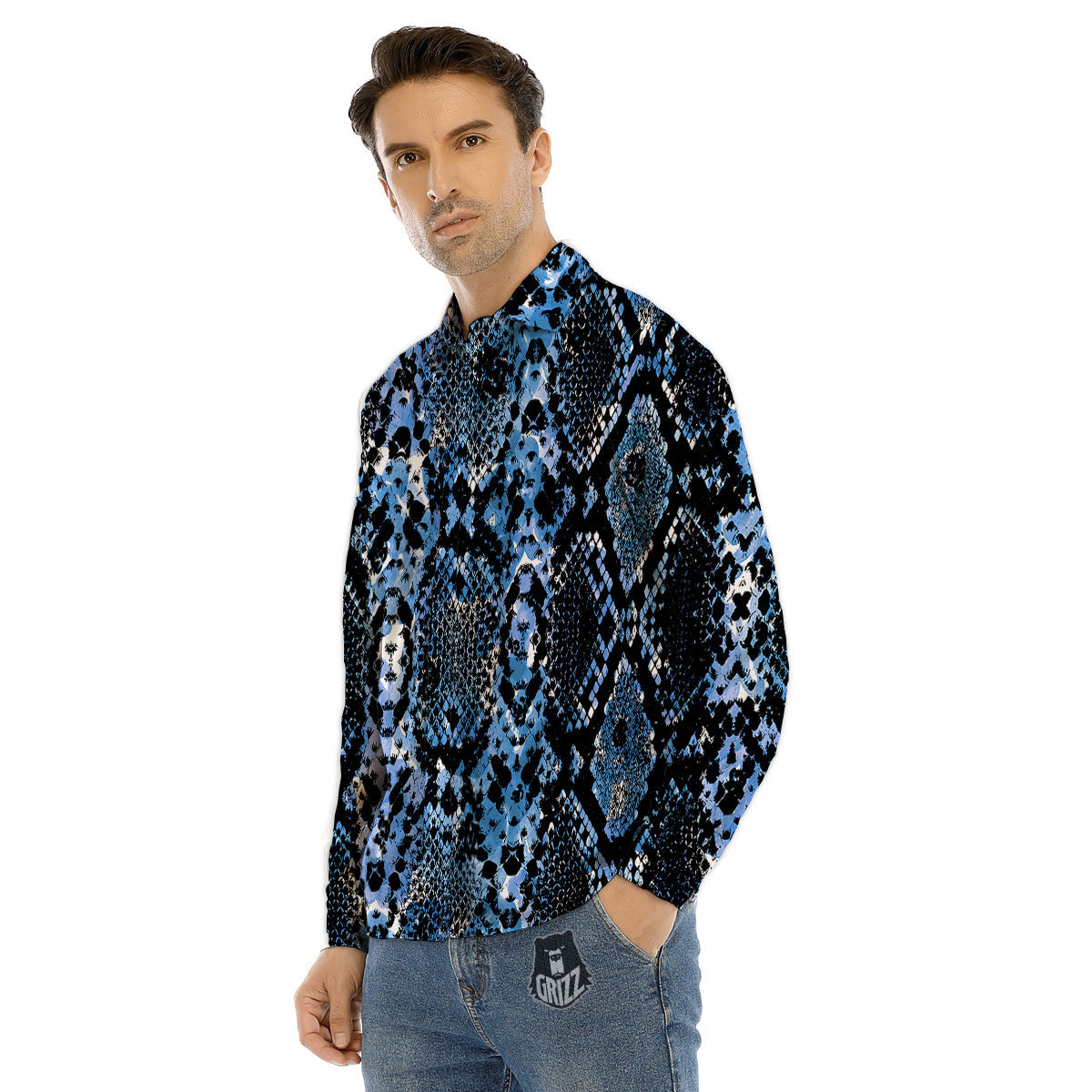Snakeskin Black And Blue Print Men's Dress Shirts-grizzshop