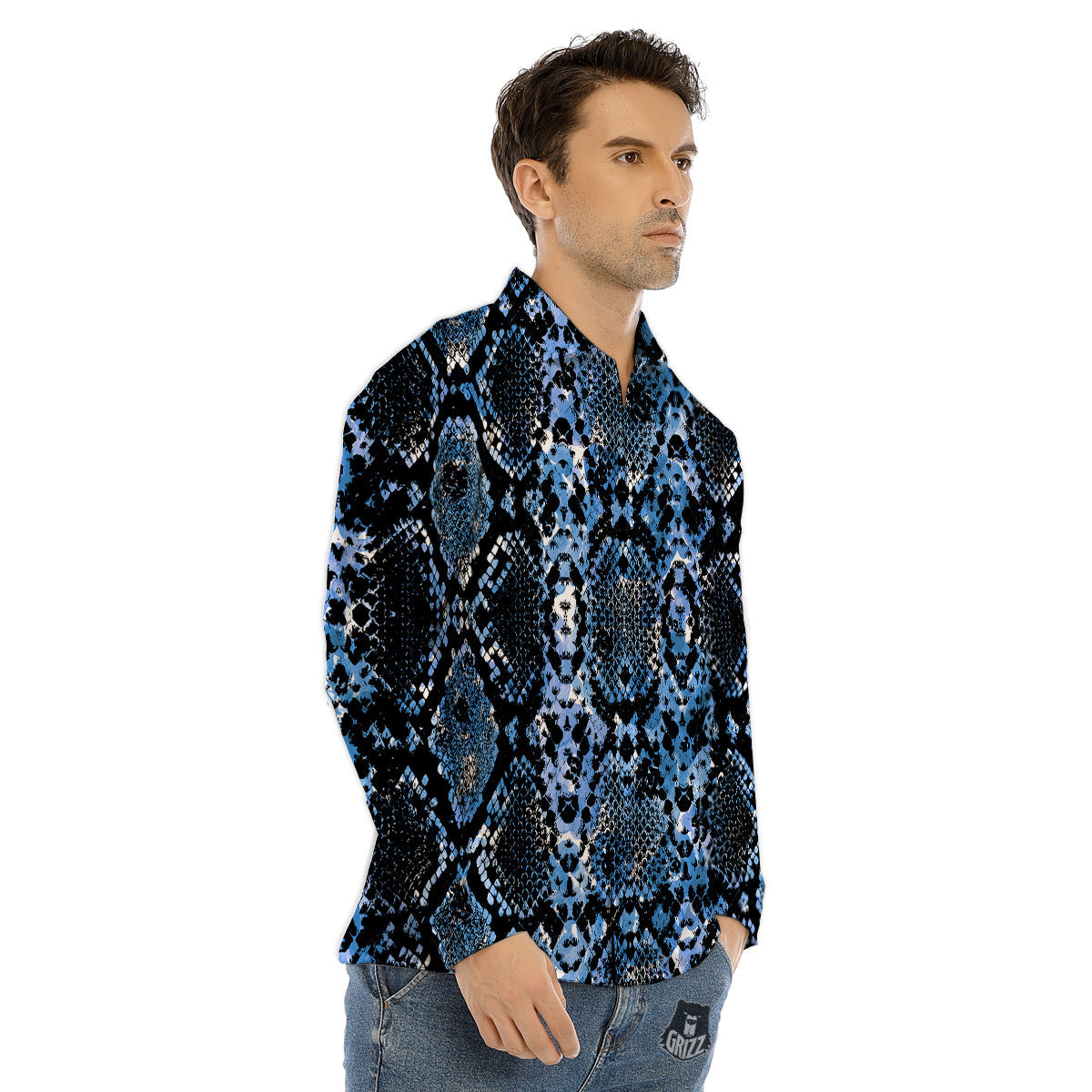 Snakeskin Black And Blue Print Men's Dress Shirts-grizzshop