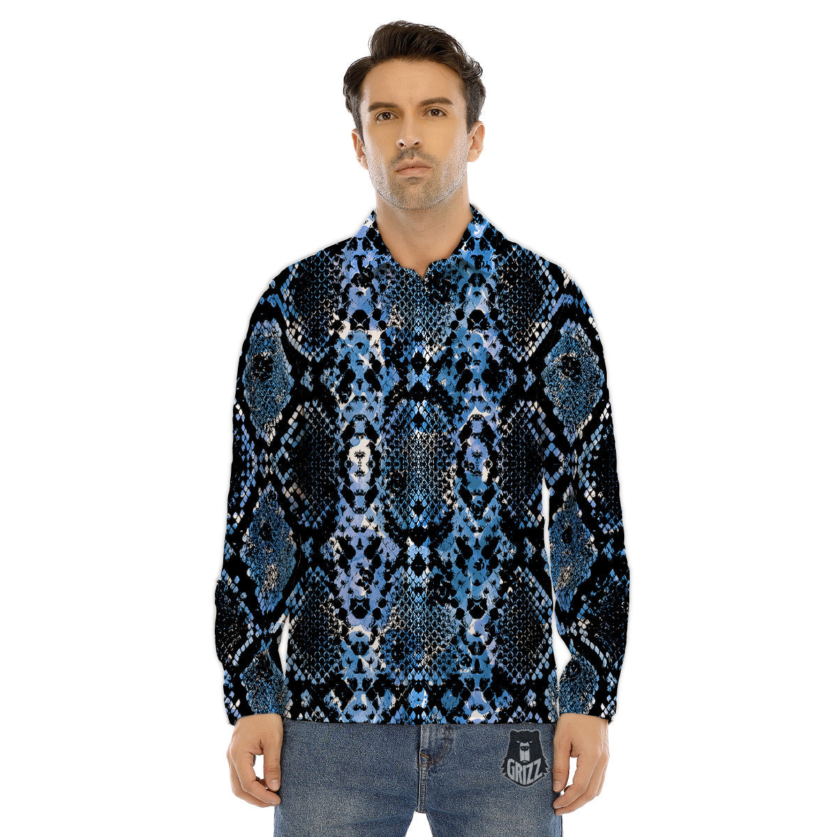 Snakeskin Black And Blue Print Men's Dress Shirts-grizzshop