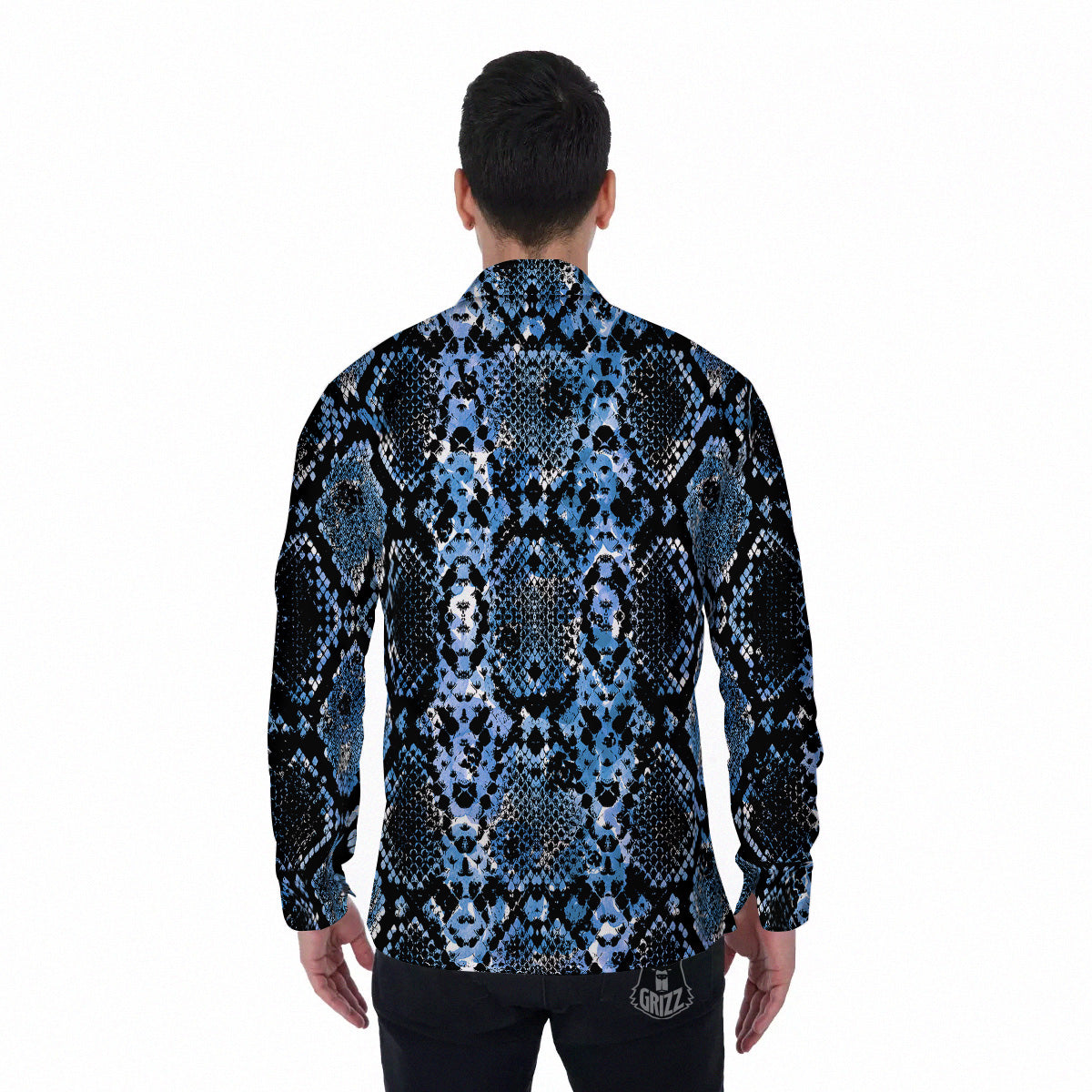 Snakeskin Black And Blue Print Men's Long Sleeve Shirts-grizzshop