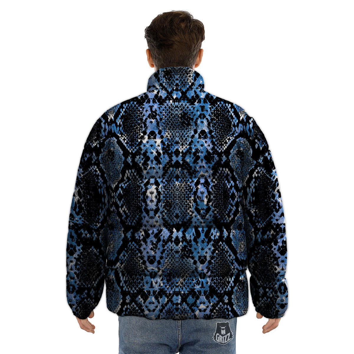 Snakeskin Black And Blue Print Puffer Jacket-grizzshop