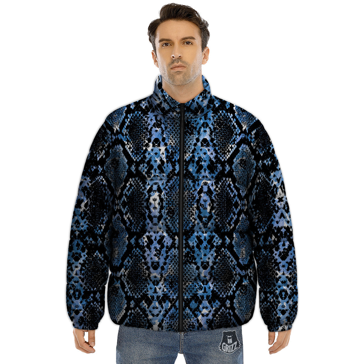 Snakeskin Black And Blue Print Puffer Jacket-grizzshop