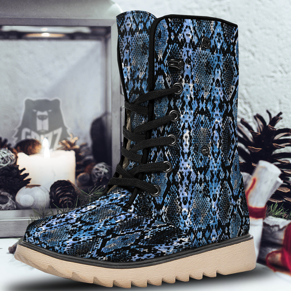 Snakeskin Black And Blue Print Snow Boots-grizzshop