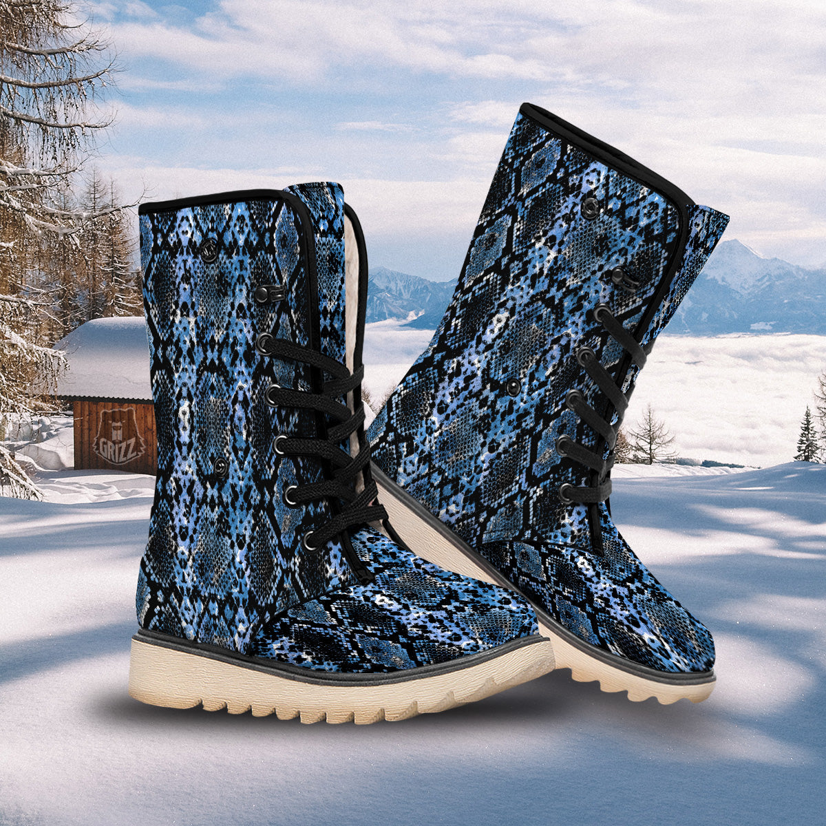 Snakeskin Black And Blue Print Snow Boots-grizzshop