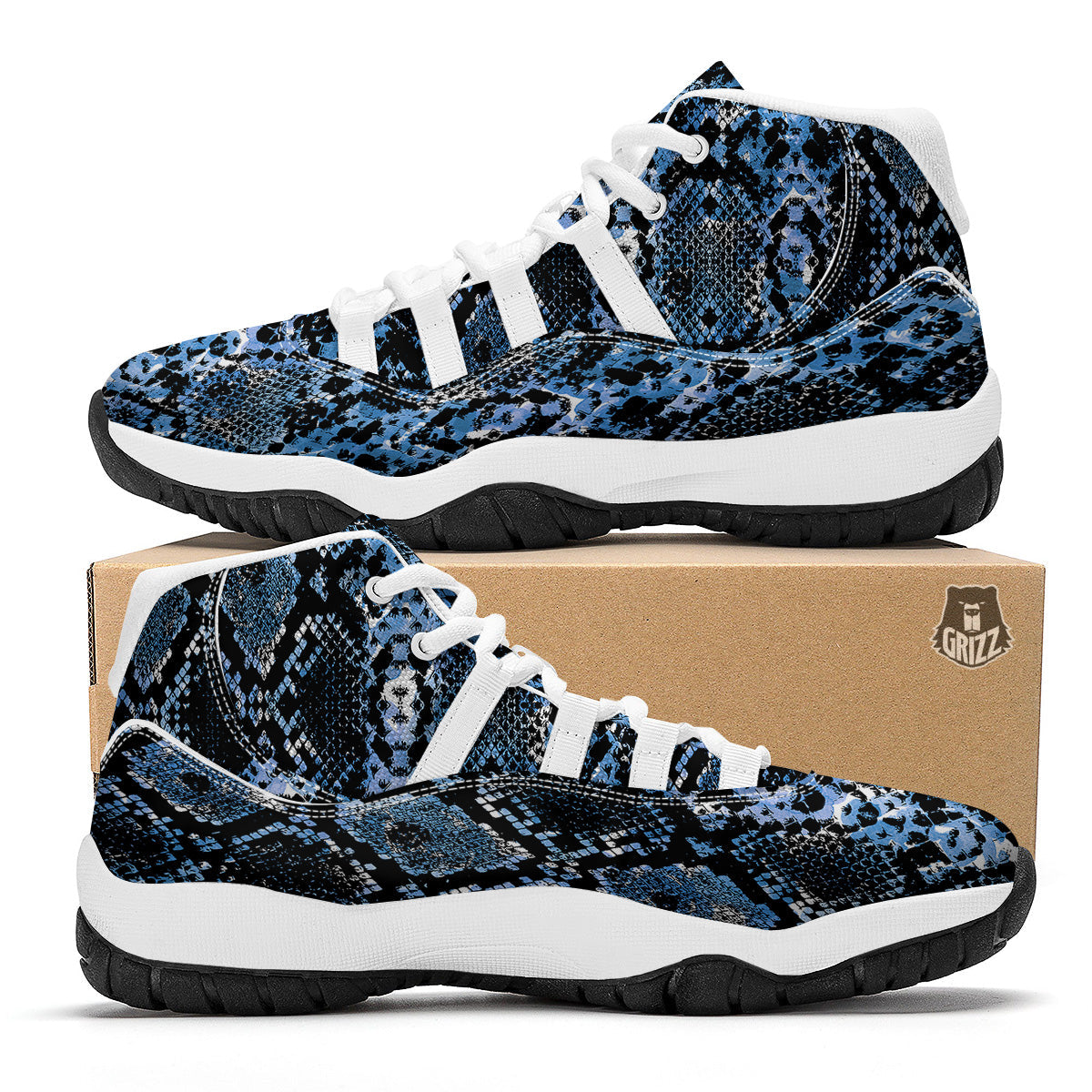 Snakeskin Black And Blue Print White Bball Shoes-grizzshop
