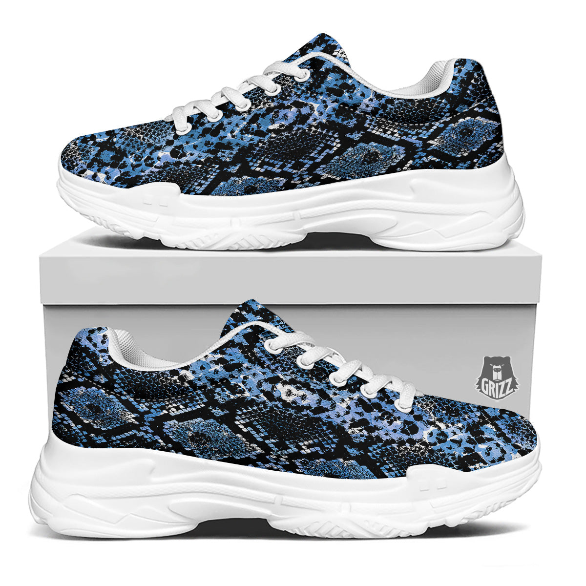 Snakeskin Black And Blue Print White Chunky Shoes-grizzshop
