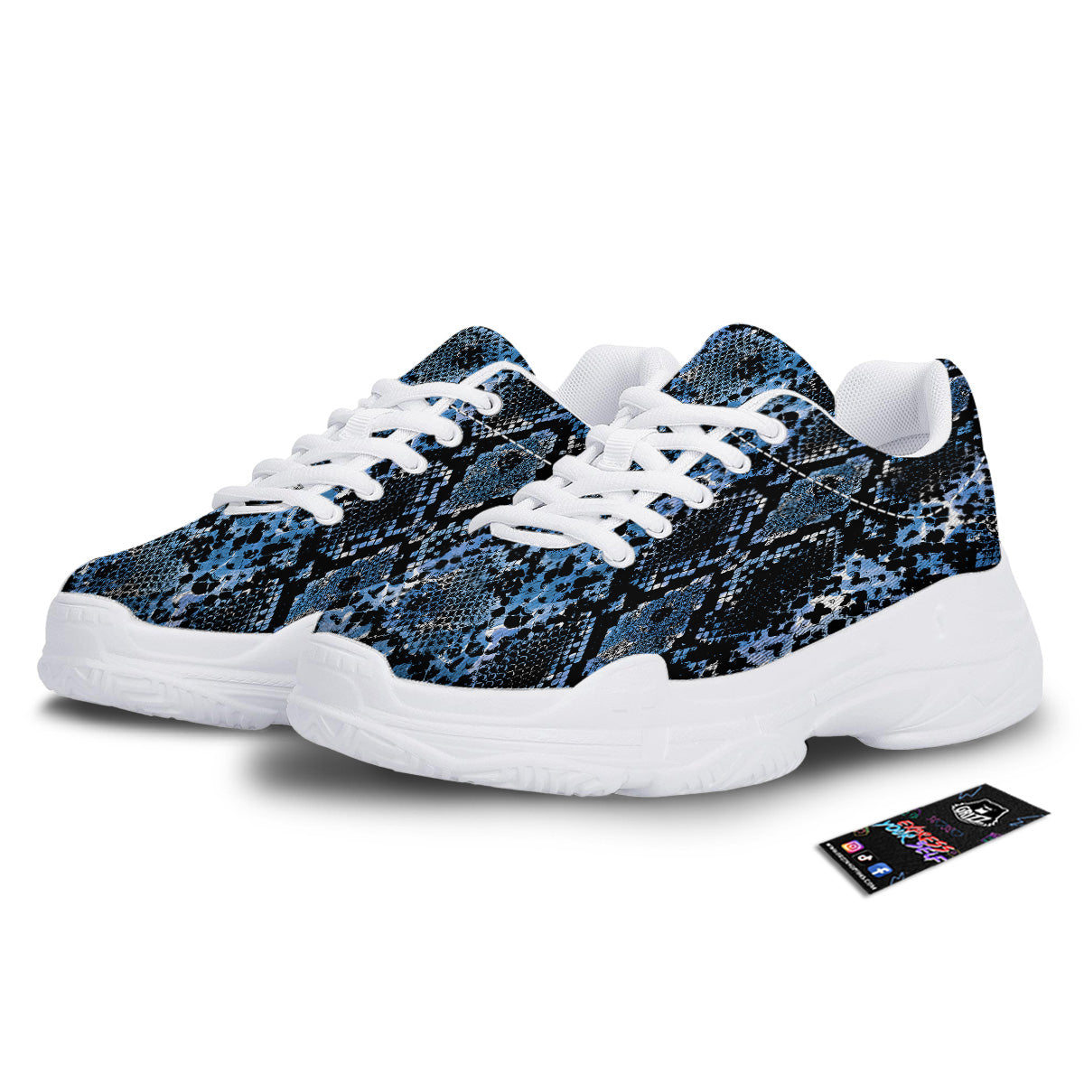 Snakeskin Black And Blue Print White Chunky Shoes-grizzshop