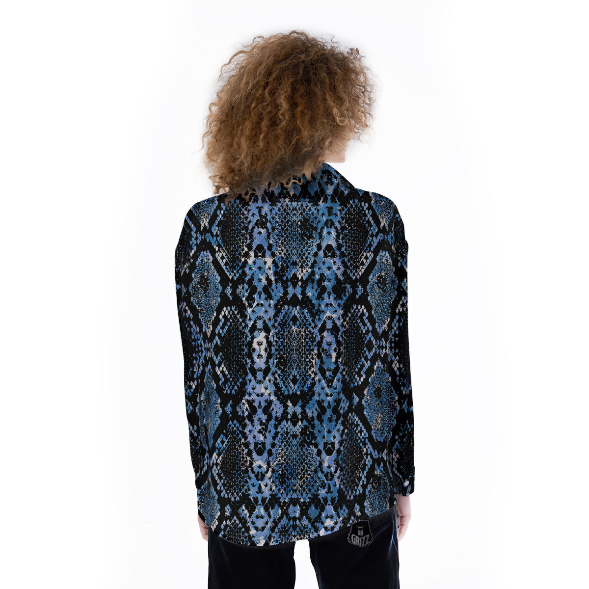 Snakeskin Black And Blue Print Women's Long Sleeve Shirts-grizzshop