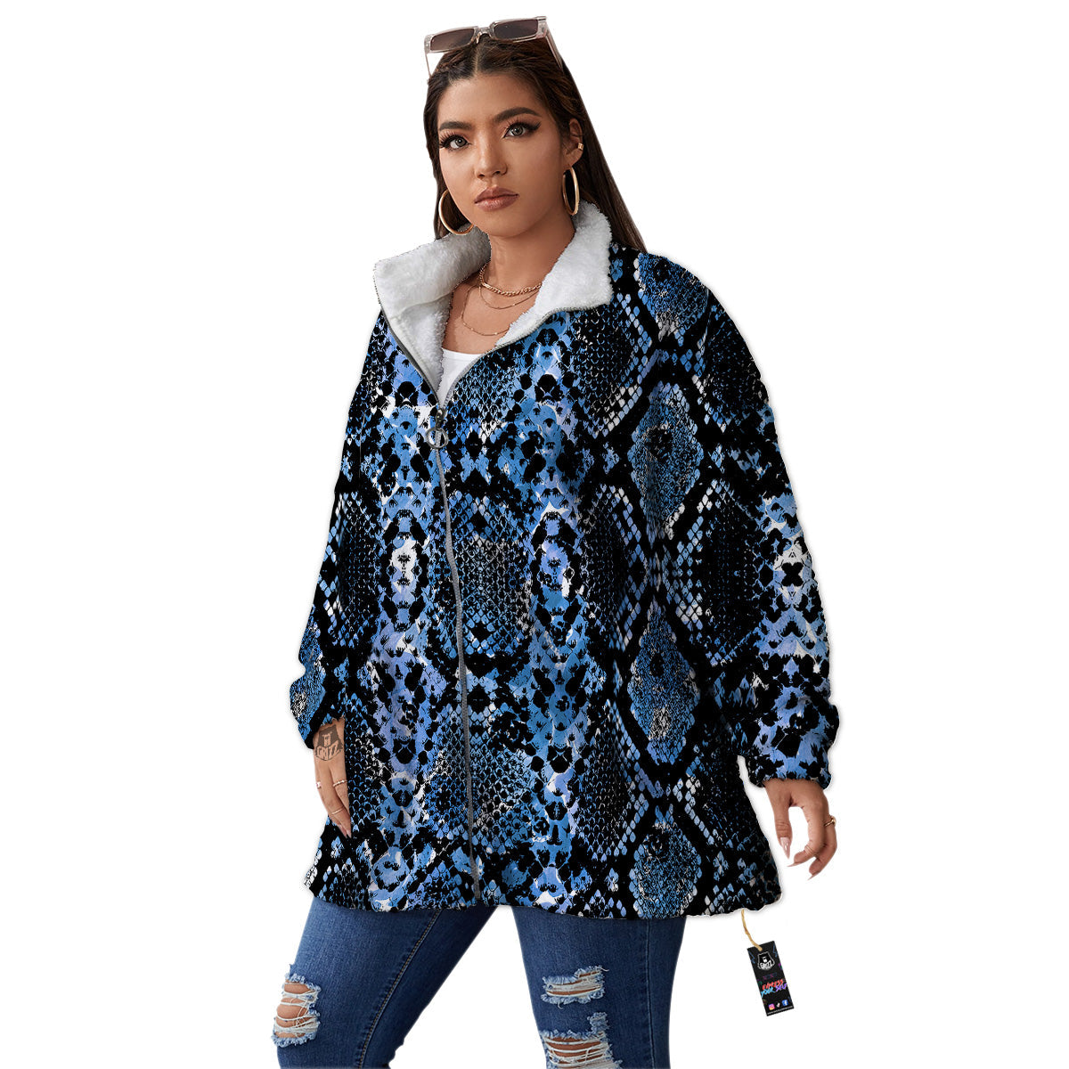 Snakeskin Black And Blue Print Women's Sherpa Jacket-grizzshop