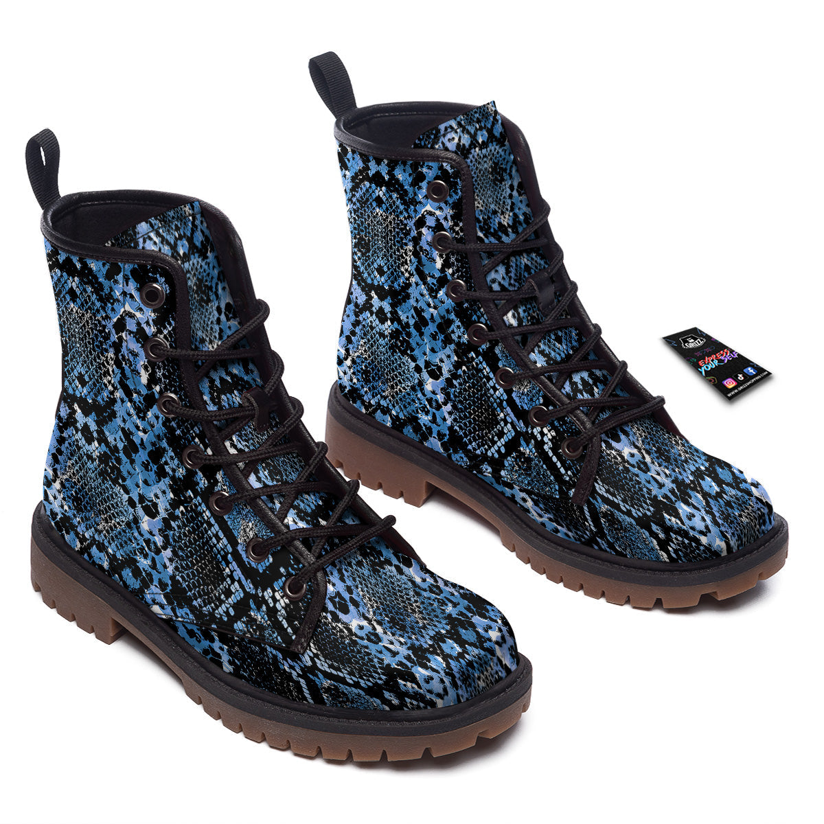 Snakeskin Black And Blue Print Work Boots-grizzshop
