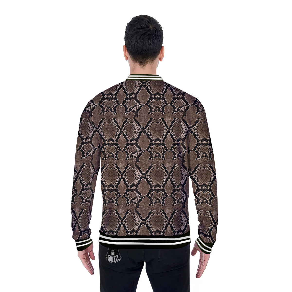 Snakeskin Black And Brown Print Baseball Jacket-grizzshop