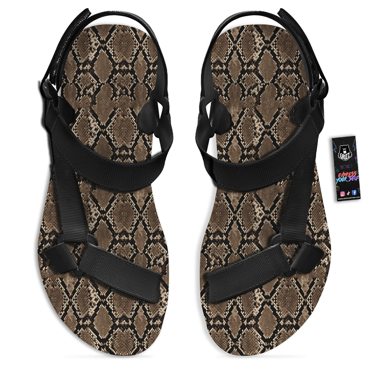 Snakeskin Black And Brown Print Black Open Toe Sandals-grizzshop