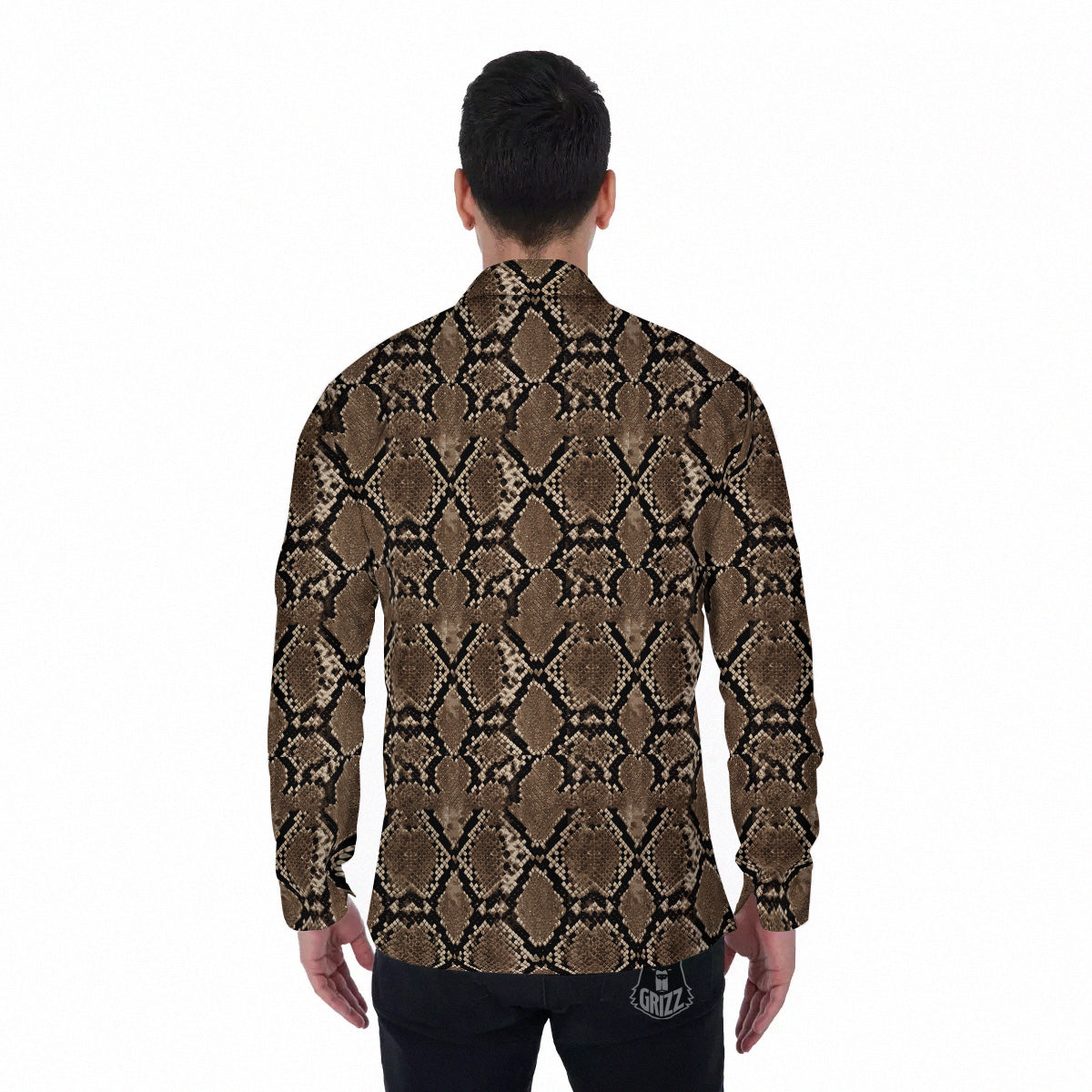 Snakeskin Black And Brown Print Men's Long Sleeve Shirts-grizzshop