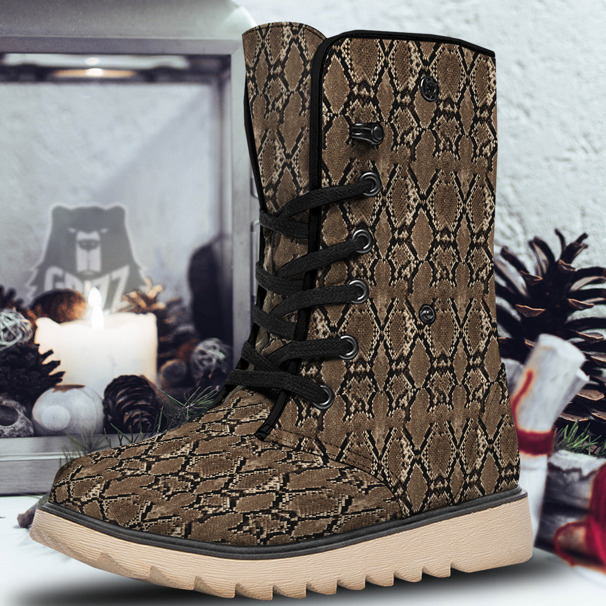 Snakeskin Black And Brown Print Snow Boots-grizzshop