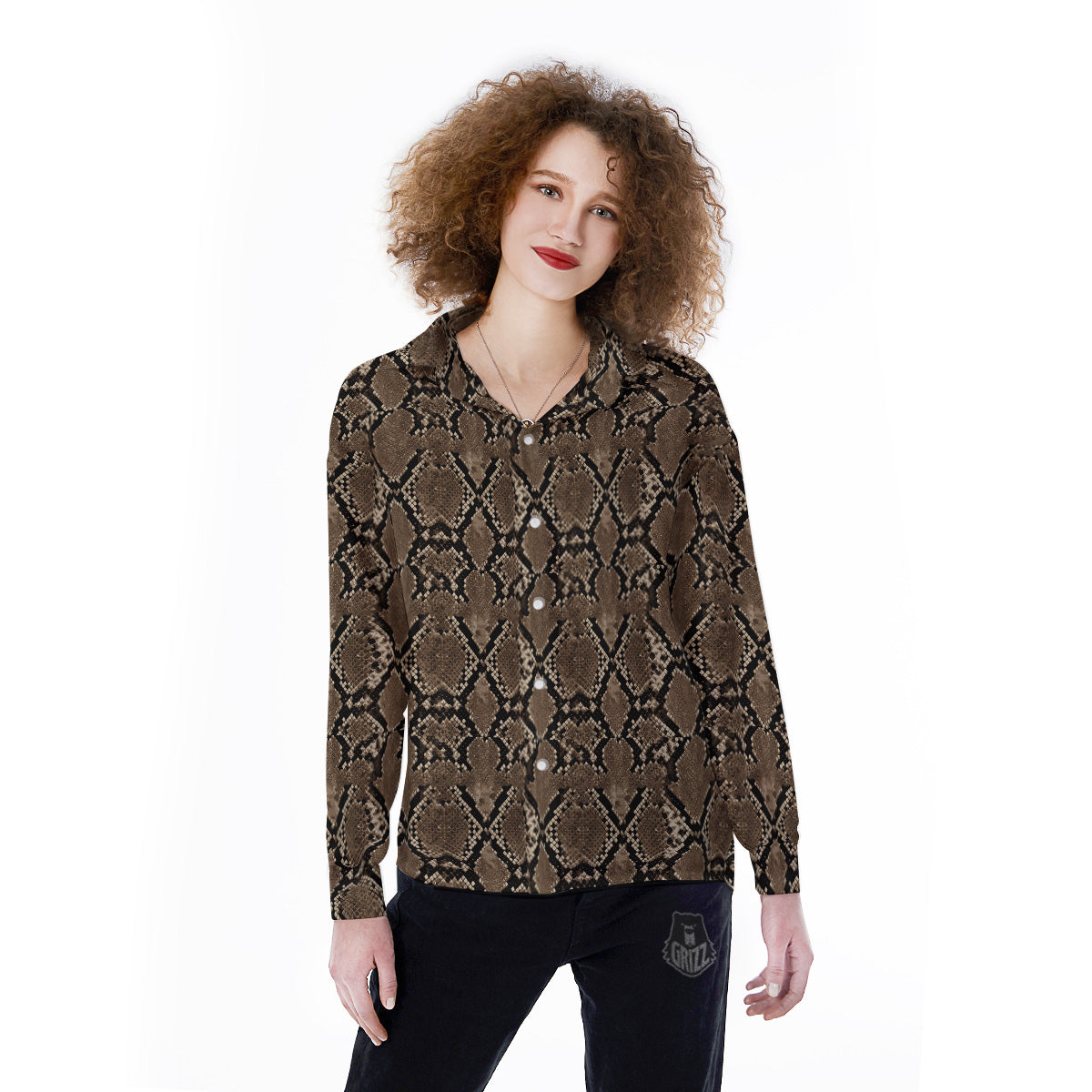 Snakeskin Black And Brown Print Women's Long Sleeve Shirts-grizzshop