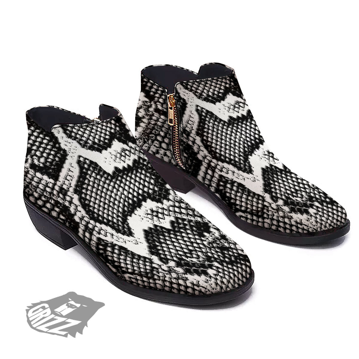 Snakeskin Black And Grey Print Ankle Boots-grizzshop