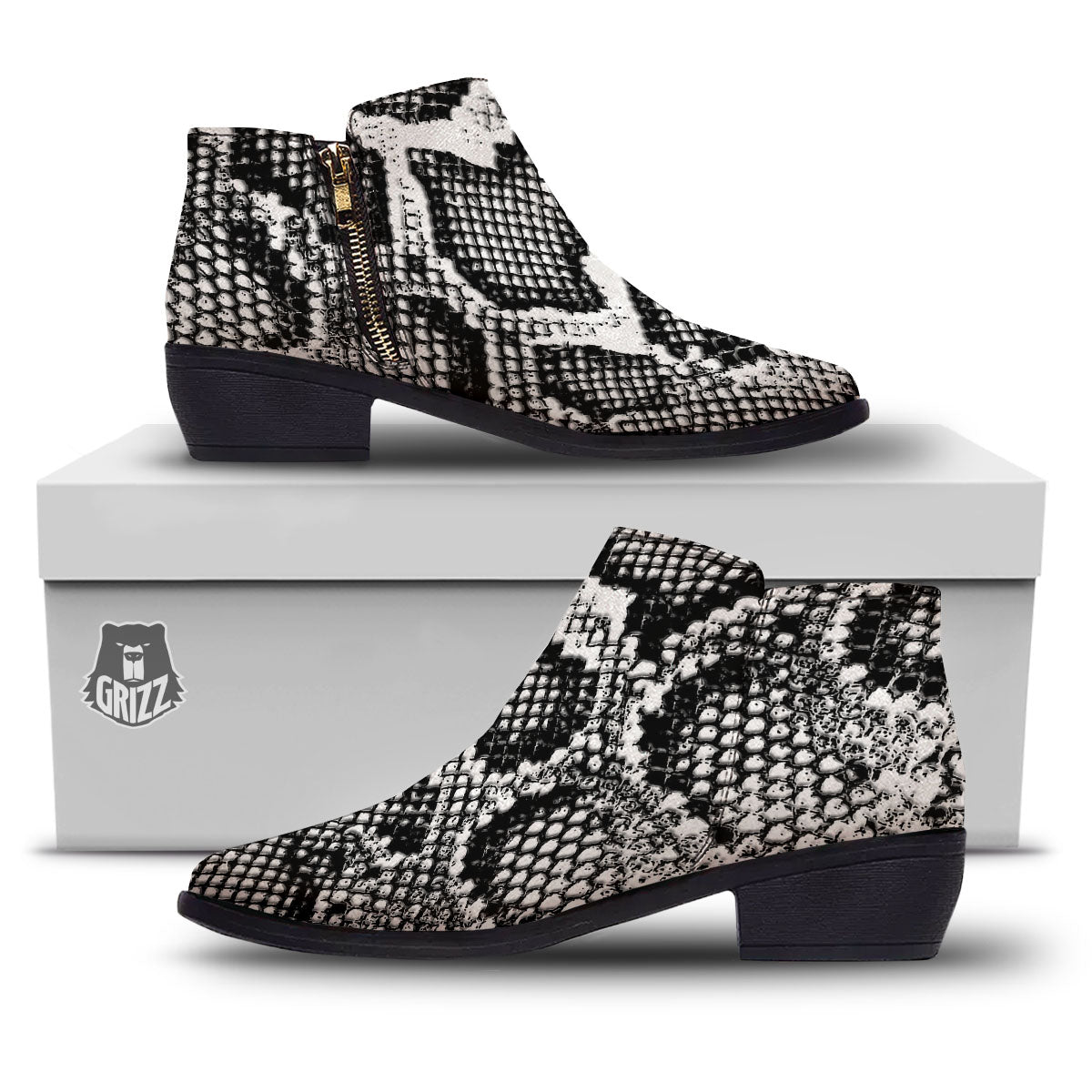 Snakeskin Black And Grey Print Ankle Boots-grizzshop