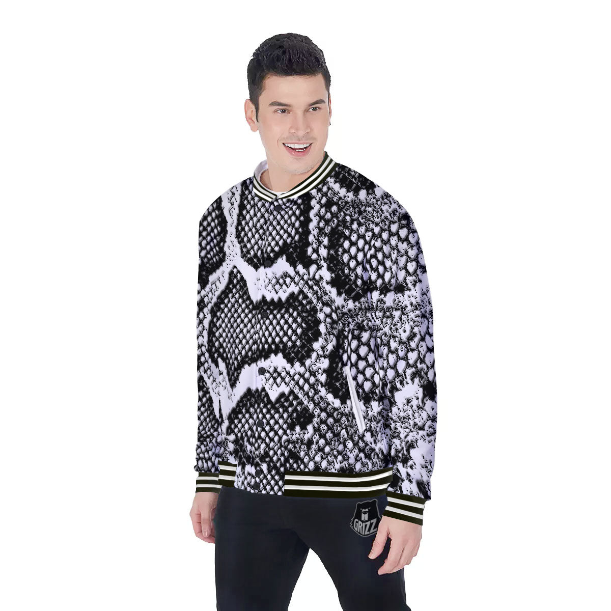 Snakeskin Black And Grey Print Baseball Jacket-grizzshop