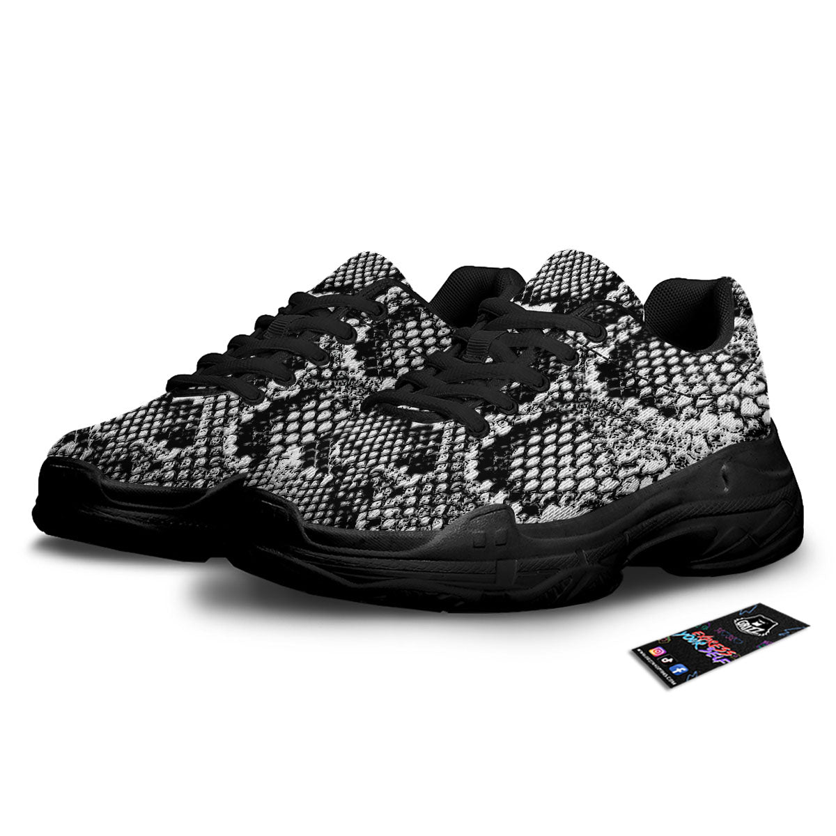 Snakeskin Black And Grey Print Black Chunky Shoes-grizzshop