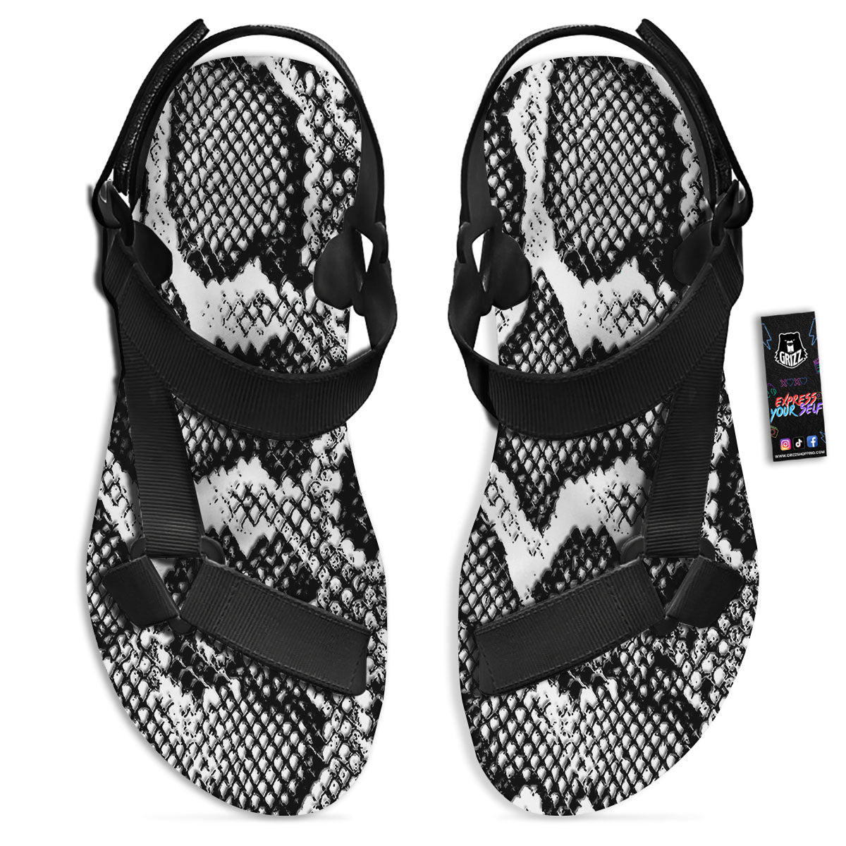 Snakeskin Black And Grey Print Black Open Toe Sandals-grizzshop