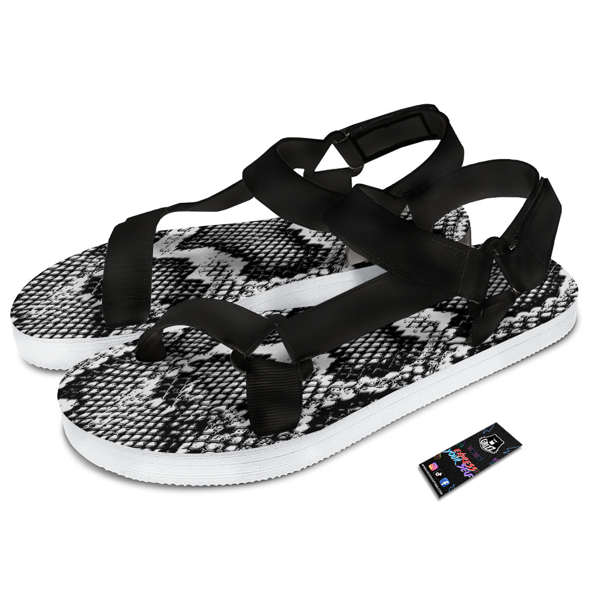 Snakeskin Black And Grey Print Black Open Toe Sandals-grizzshop