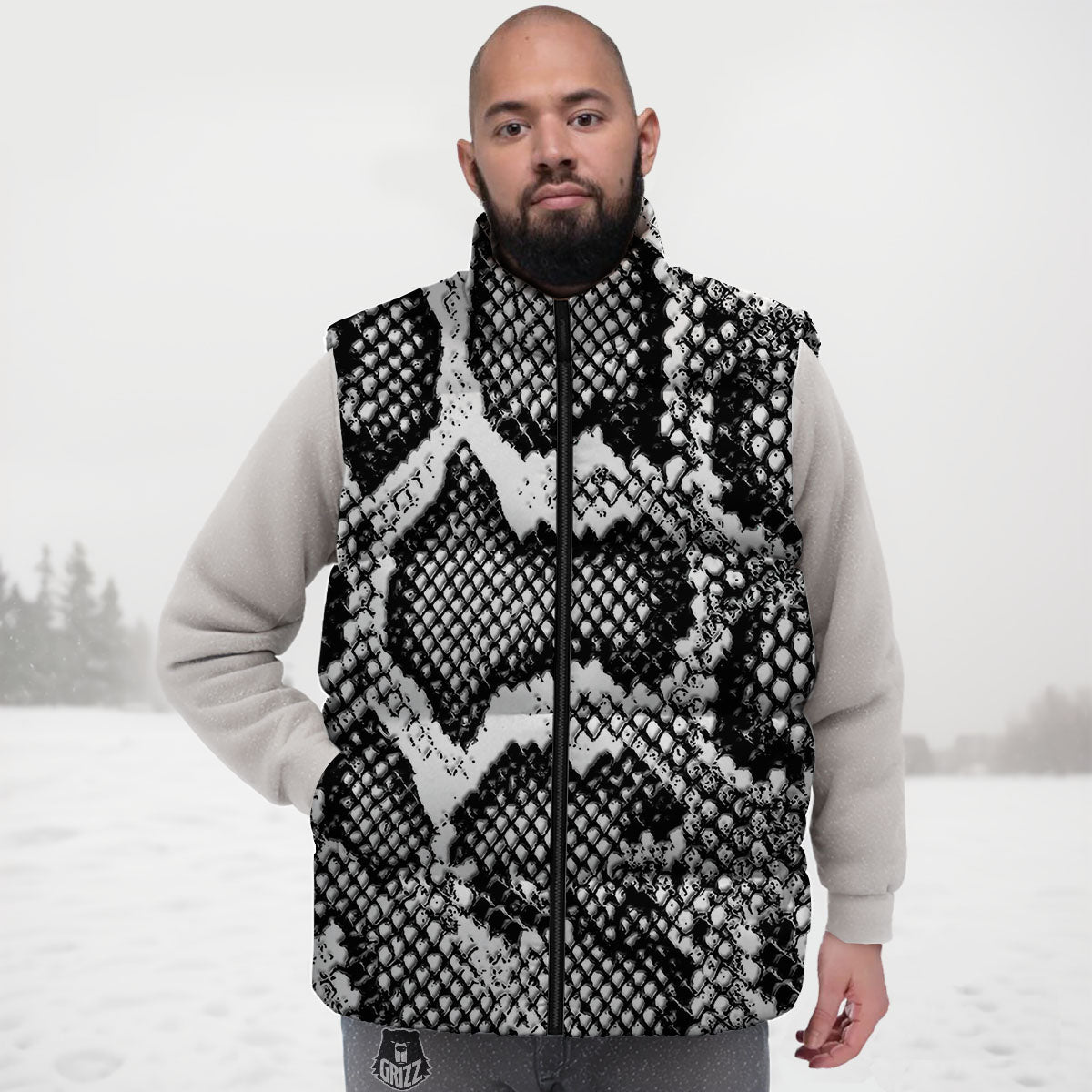 Snakeskin Black And Grey Print Down Vest