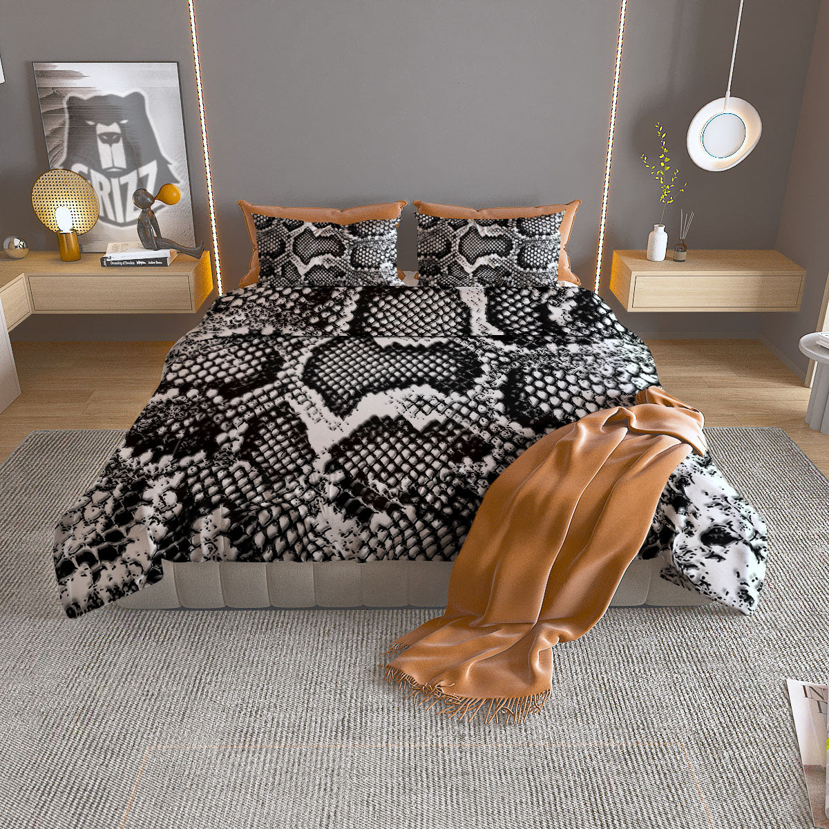 Snakeskin Black And Grey Print Duvet Cover Bedding Set