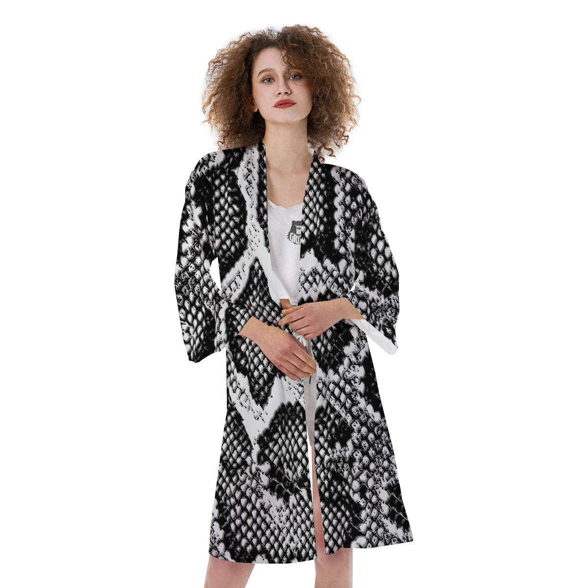 Snakeskin Black And Grey Print Kimono-grizzshop