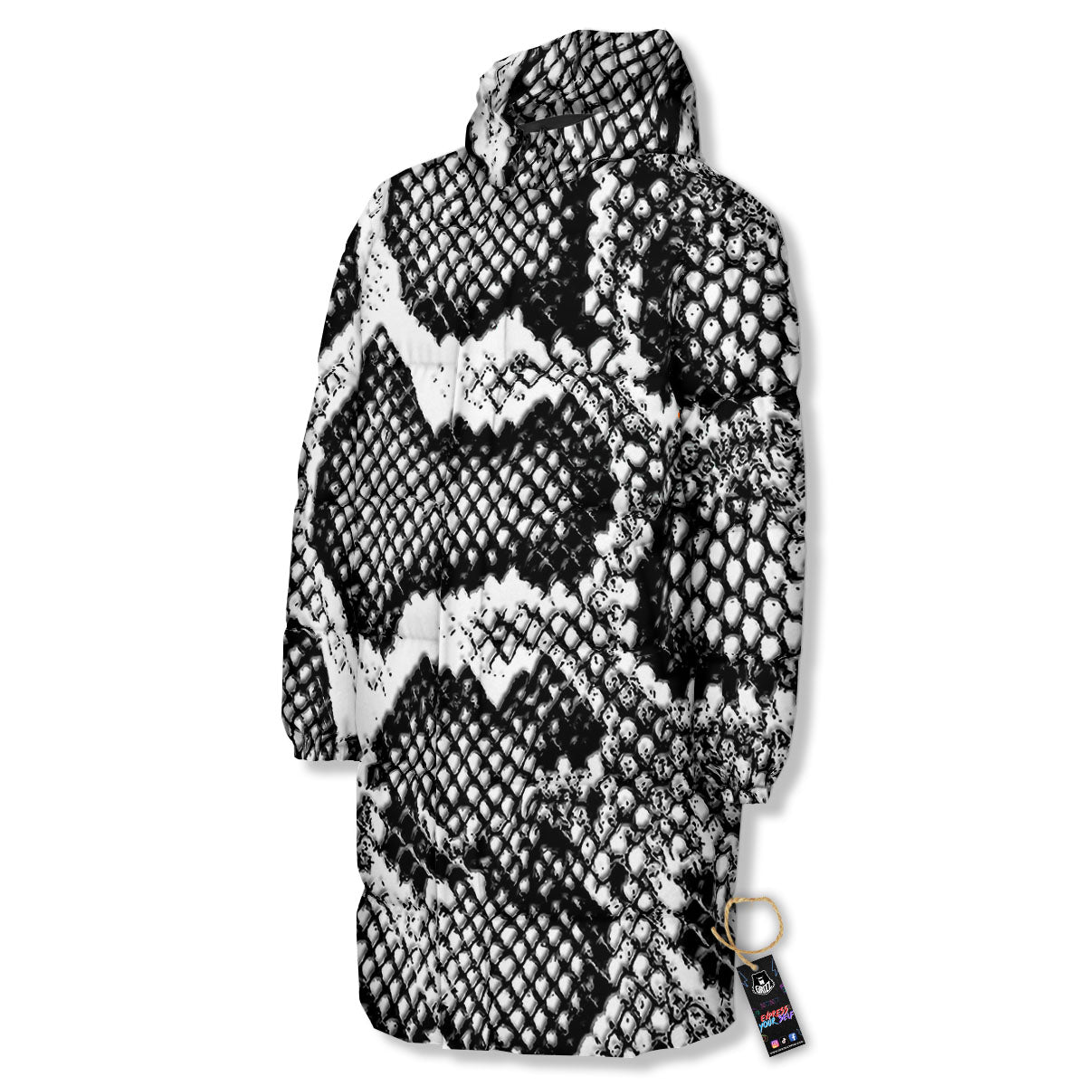 Snakeskin Black And Grey Print Long Down Jacket-grizzshop