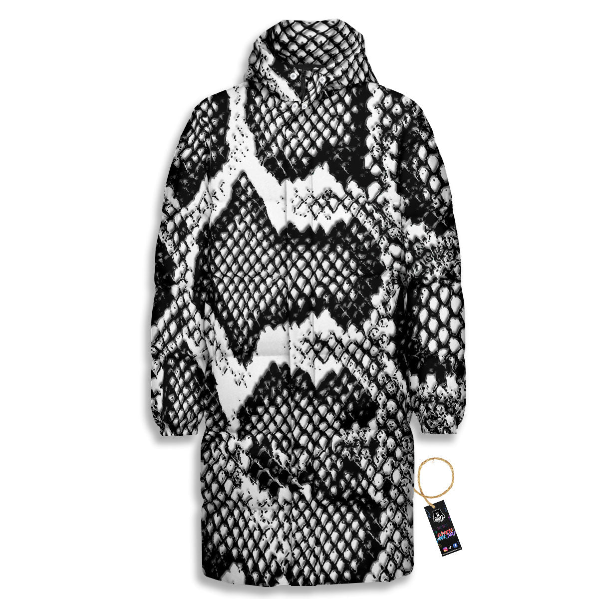 Snakeskin Black And Grey Print Long Down Jacket-grizzshop