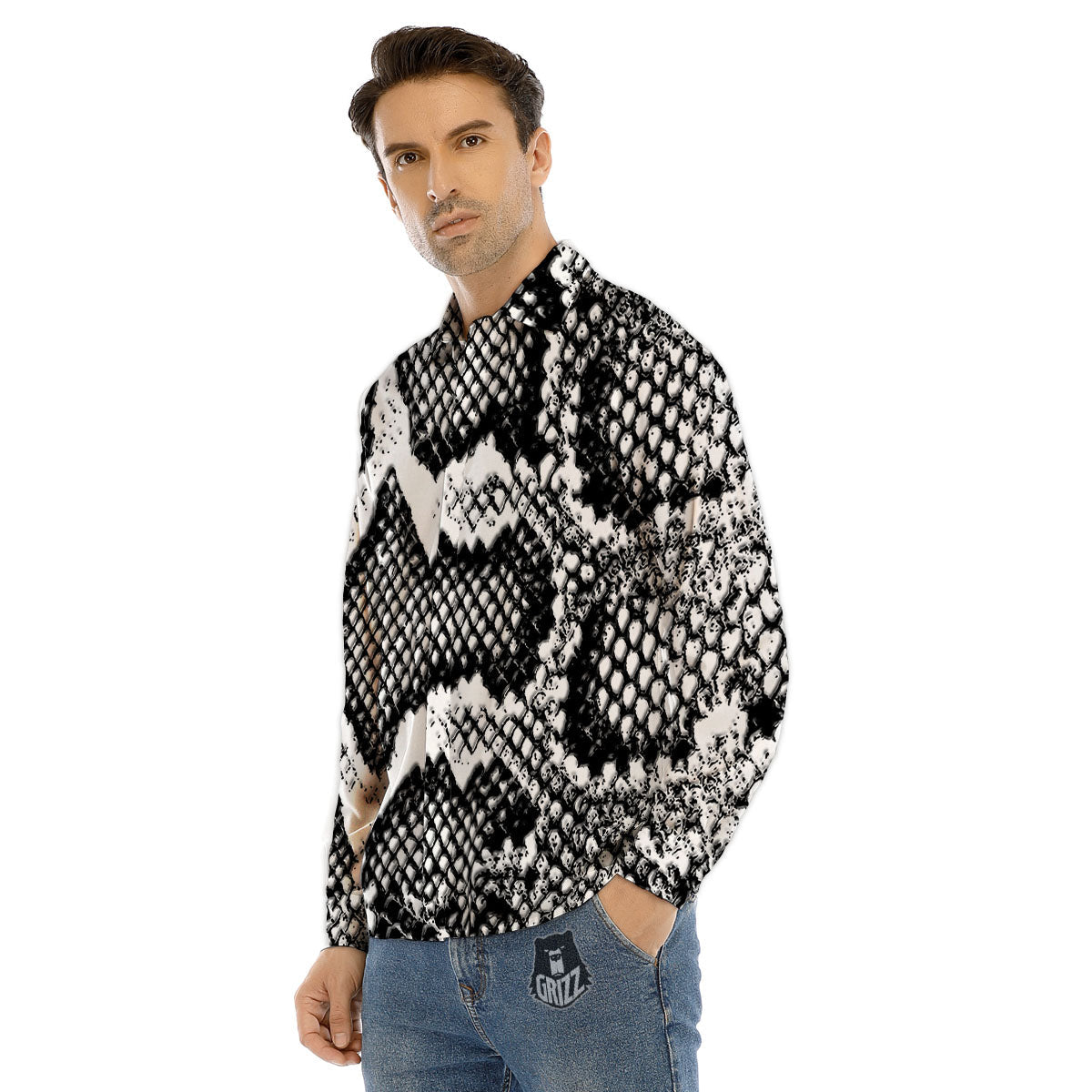 Snakeskin Black And Grey Print Men's Dress Shirts-grizzshop