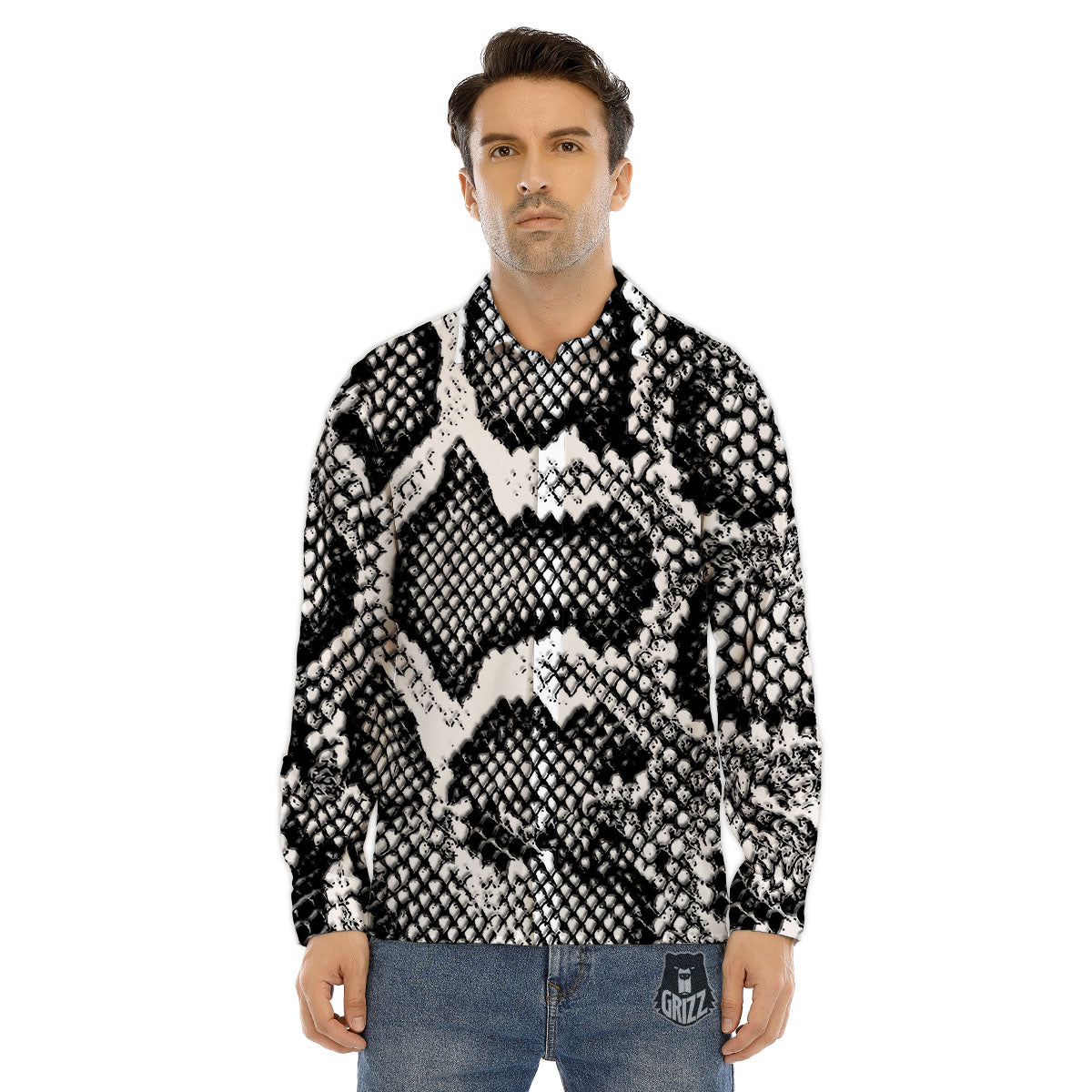 Snakeskin Black And Grey Print Men's Dress Shirts-grizzshop