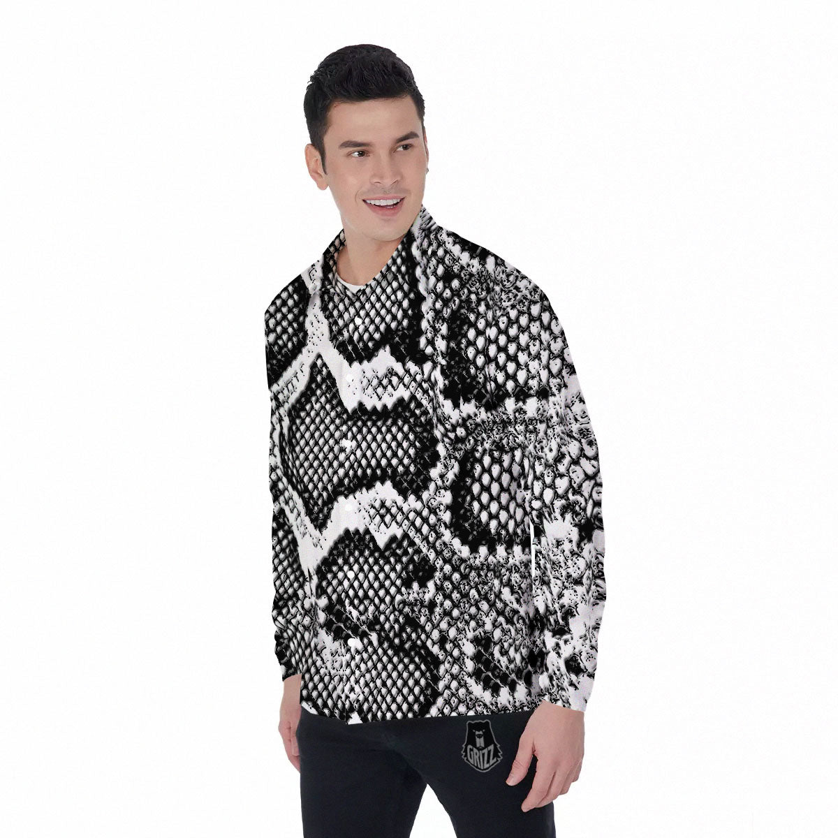 Snakeskin Black And Grey Print Men's Long Sleeve Shirts-grizzshop